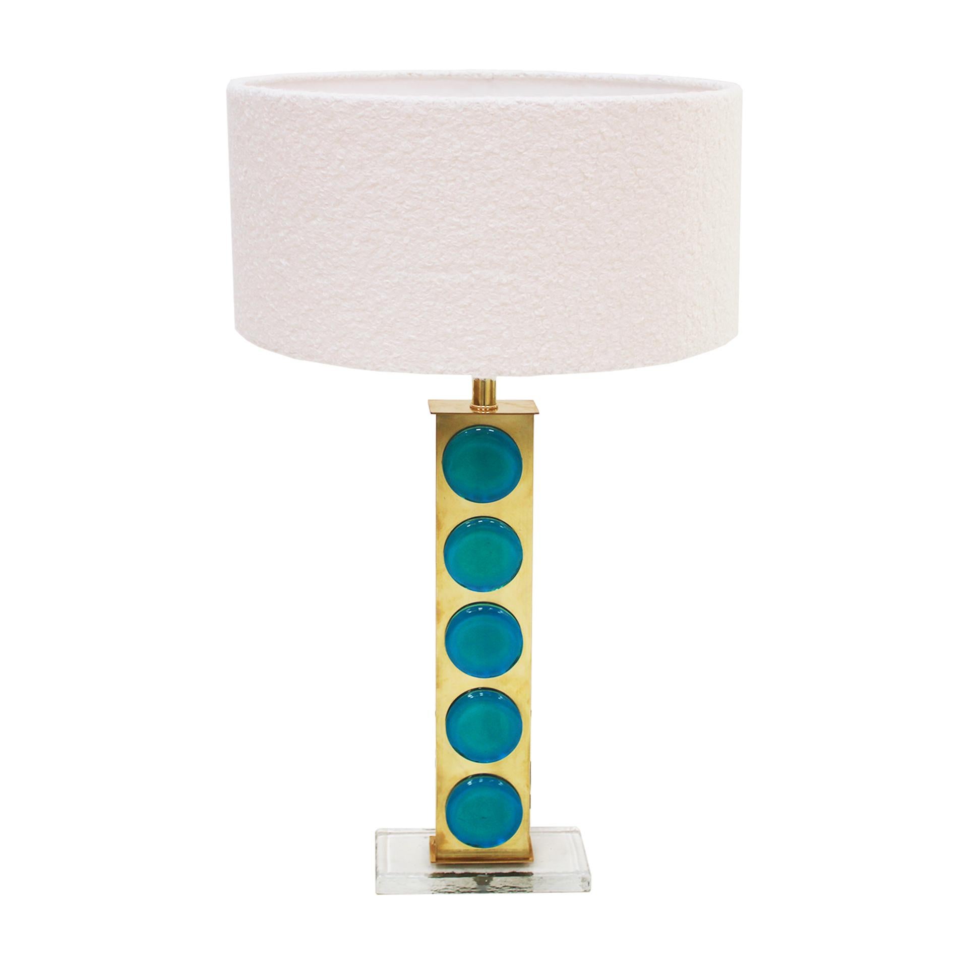 Midcentury style pair of Italian table lamps with brass structure and light blue murano glass pieces. Circular screens in white bouclé.