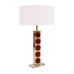 Italian Table Lamps with Brass Structure and Red Murano Circular Glasses