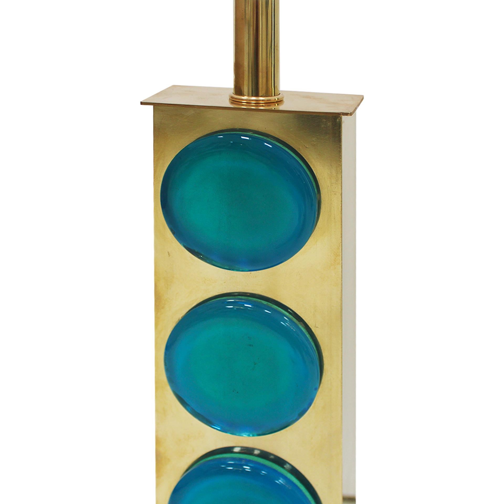 Mid-Century Modern Style Light Blue Murano Glass and Brass Pair of Table Lamps In Good Condition For Sale In Madrid, ES