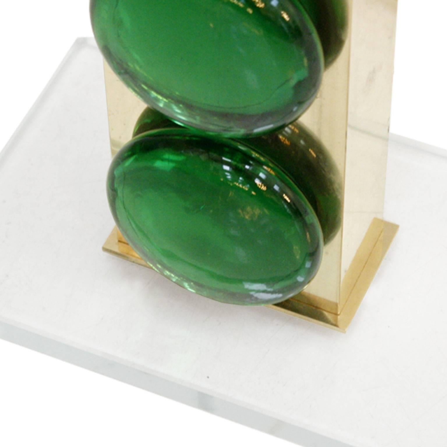 Contemporary Mid-Century Modern Green Murano Glass and Brass Pair of Italian Table Lamps