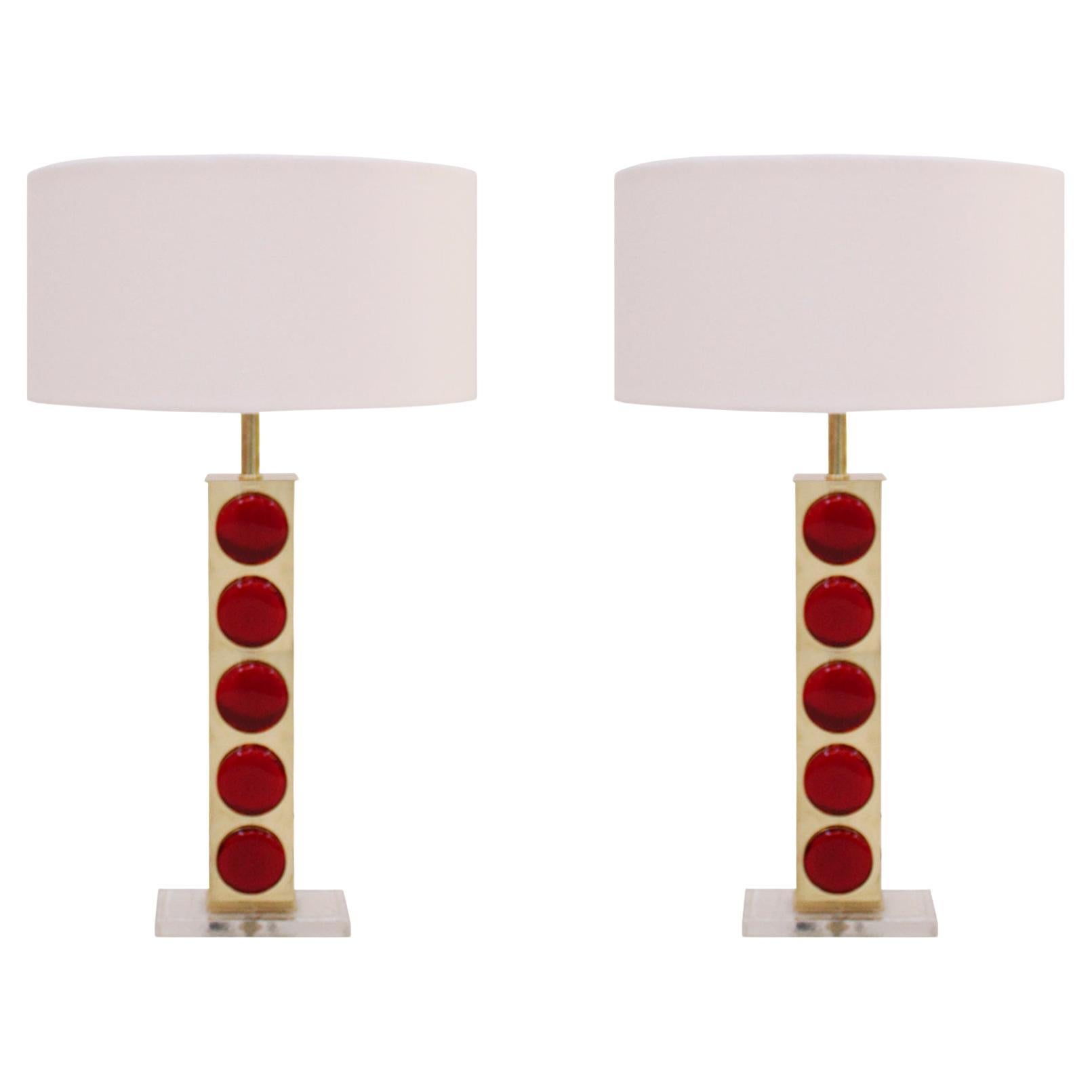 Pair of Italian Table Lamps with Brass Structure and Red Murano Circular Glasses For Sale