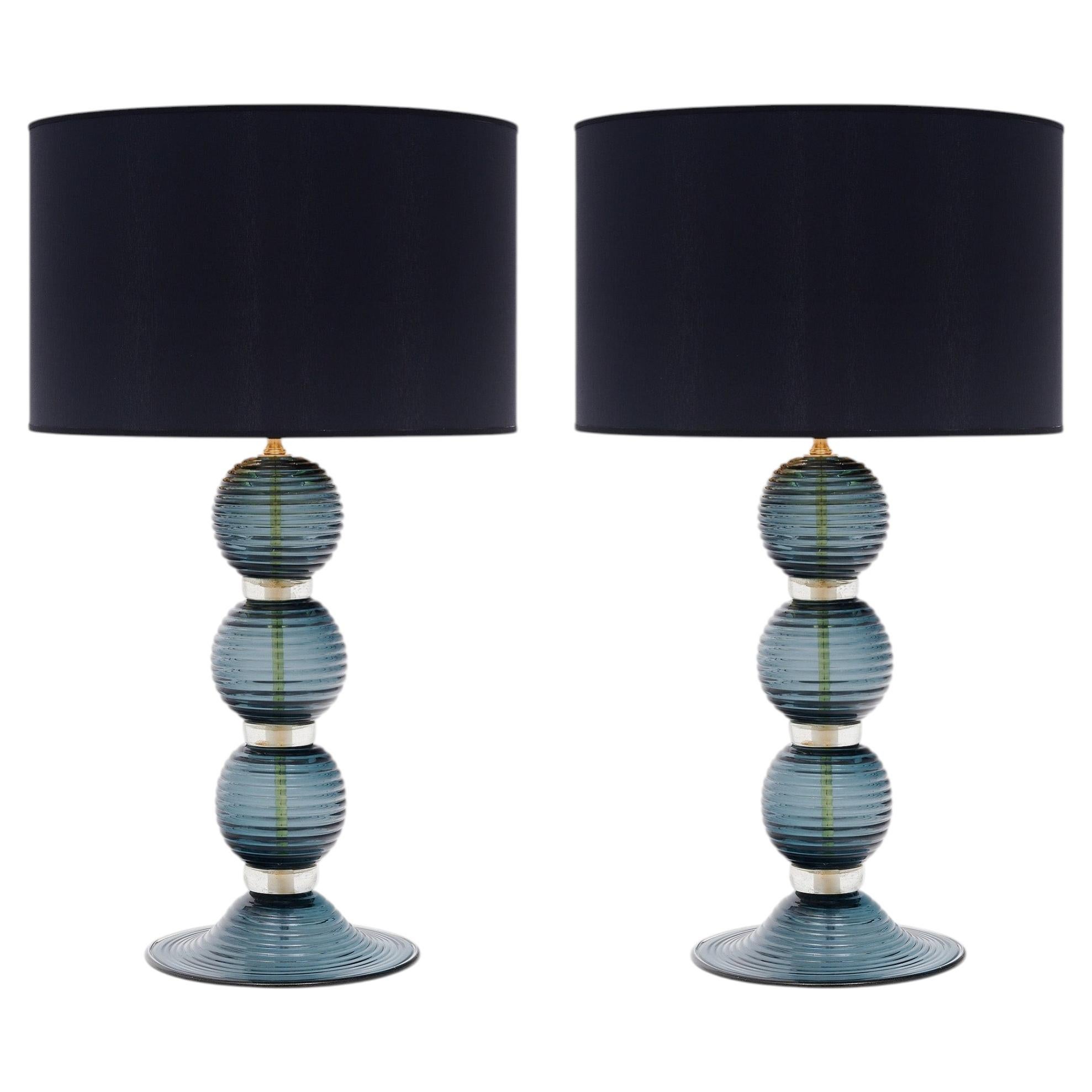 Mid-Century Modern Style Murano Glass Table Lamps in Gray with Gold Flecks