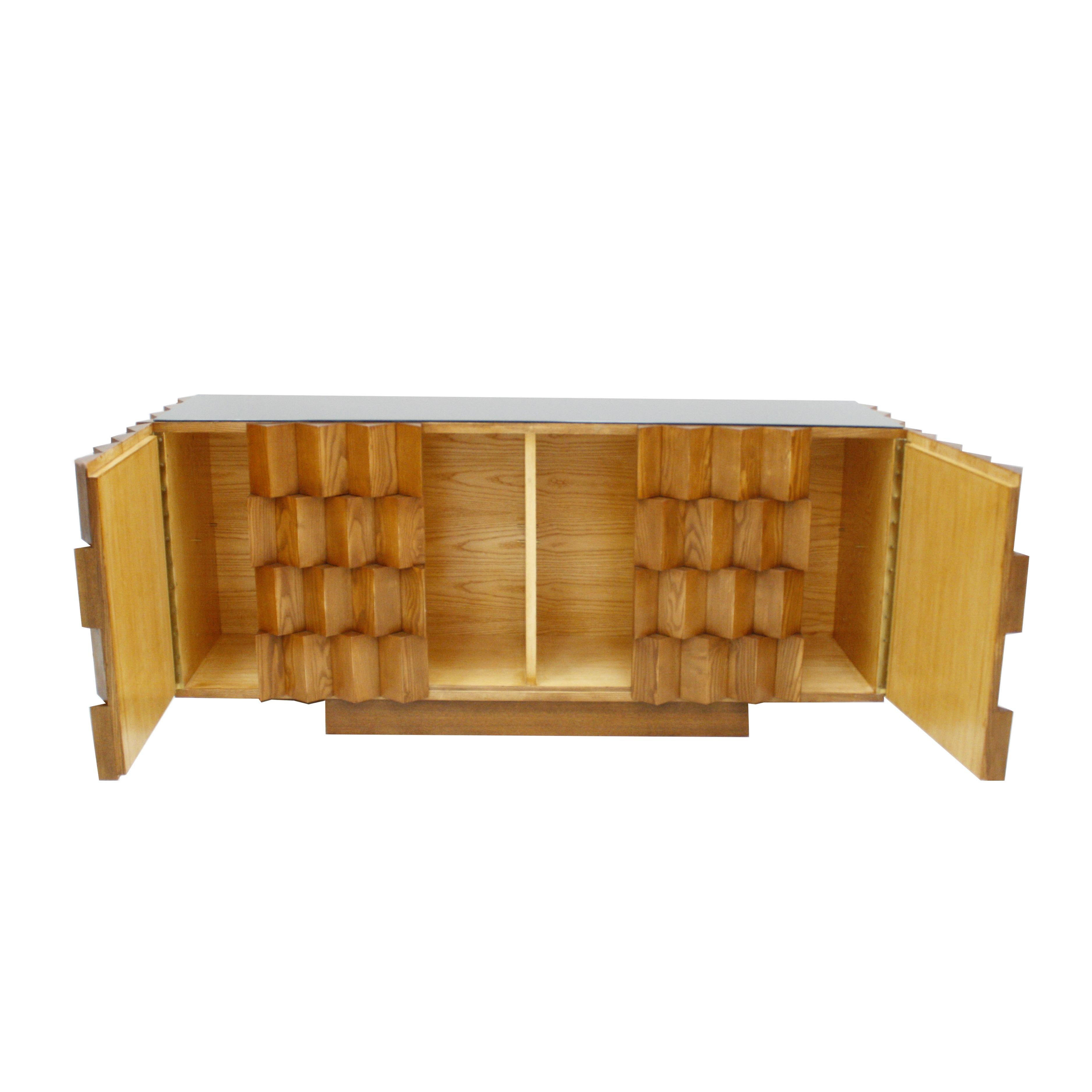 Contemporary Mid-Century Modern Style Oak Wood and Black Glass Italian Sideboard