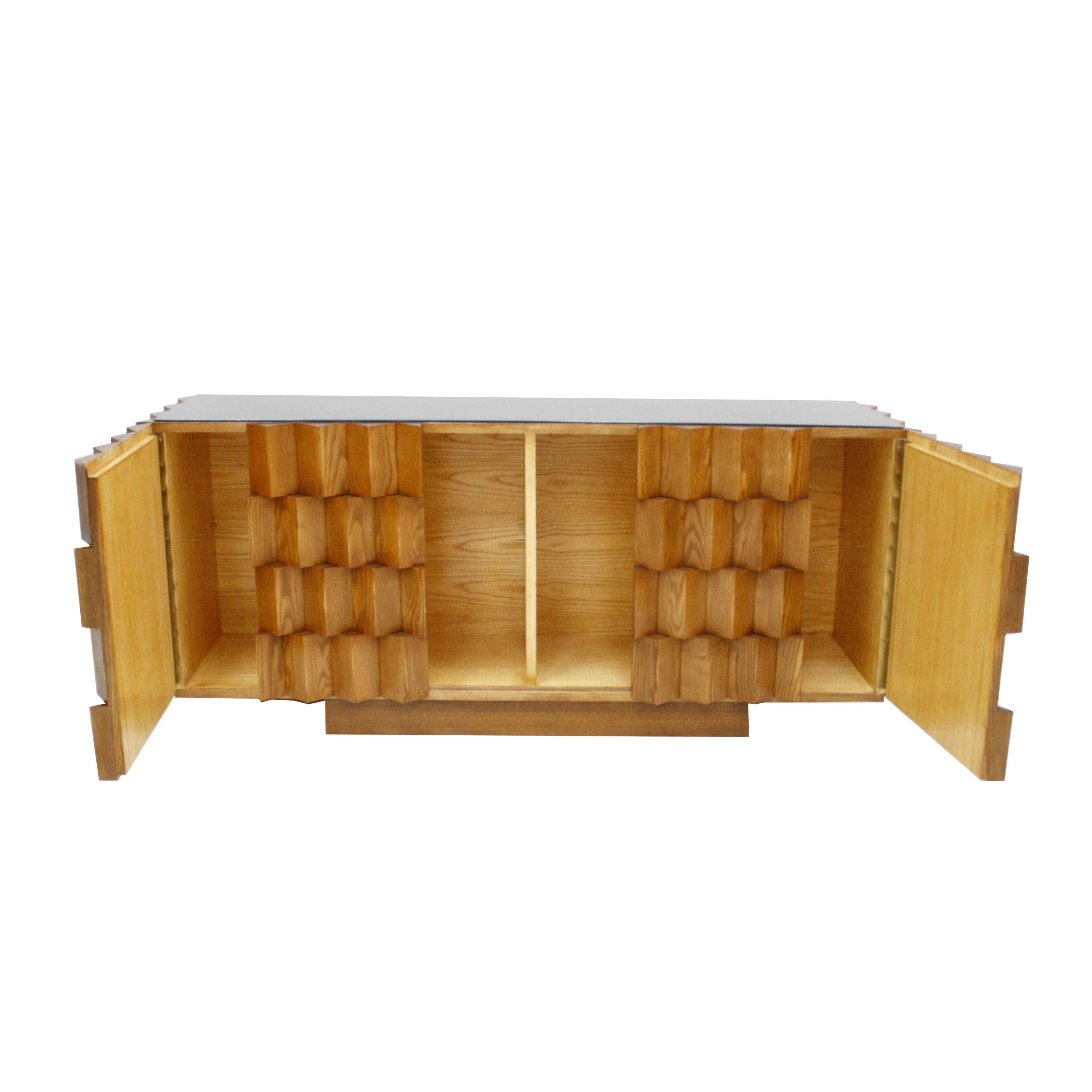 Contemporary Mid-Century Modern Style Oak Wood and Black Glass Italian Sideboard For Sale