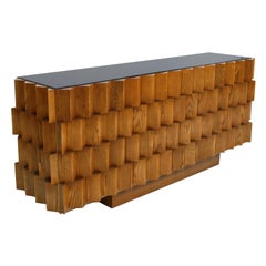 Credenza italiana in stile metà secolo moderno in Wood Oak e vetro nero