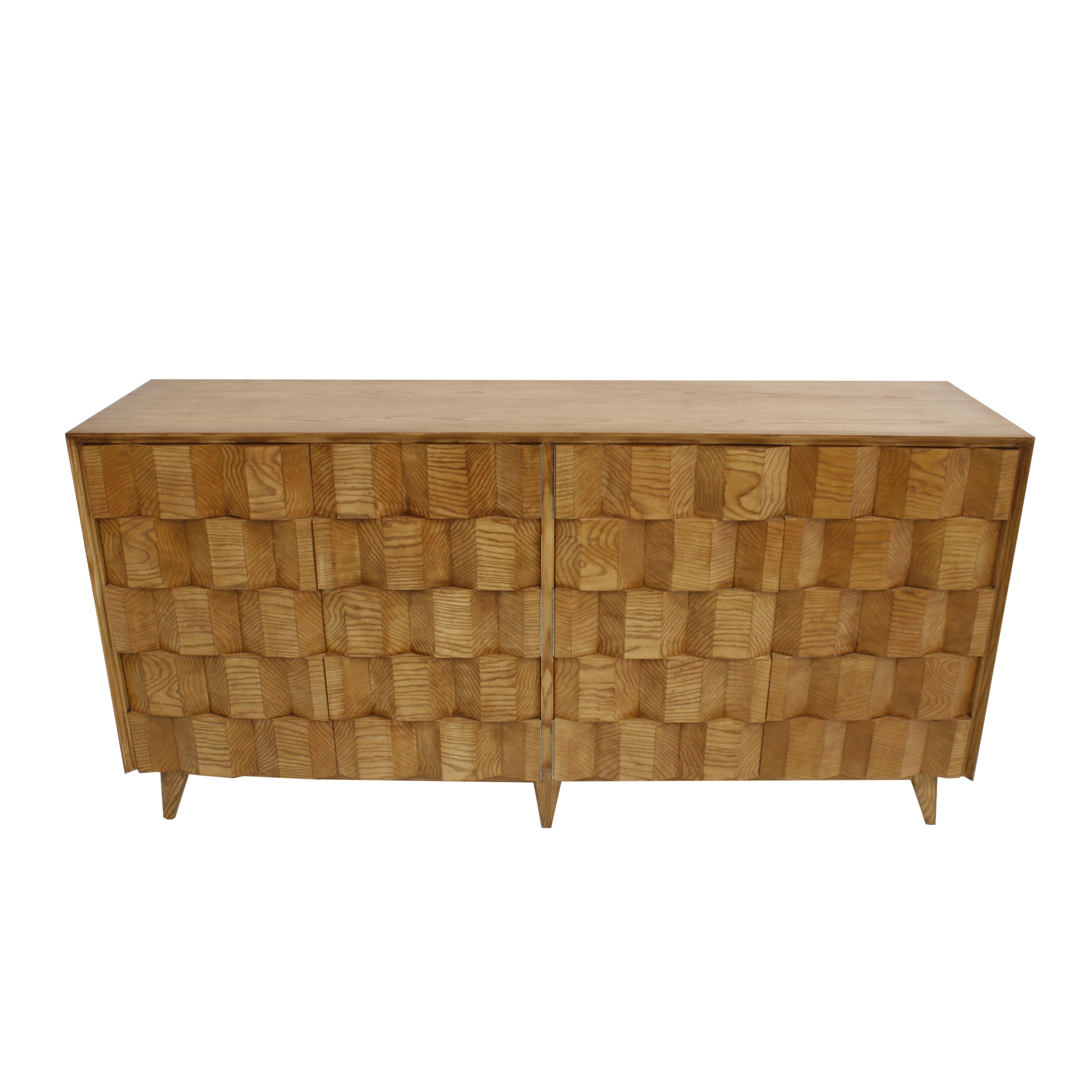 Contemporary faceted Italian sideboard designed by L.A. Studio. Structure made of solid oakwood. Composed of four folding doors with two glass shelves inside. Manufactured in Italy.

Every item LA Studio offers is checked by our team of 10 craftsmen