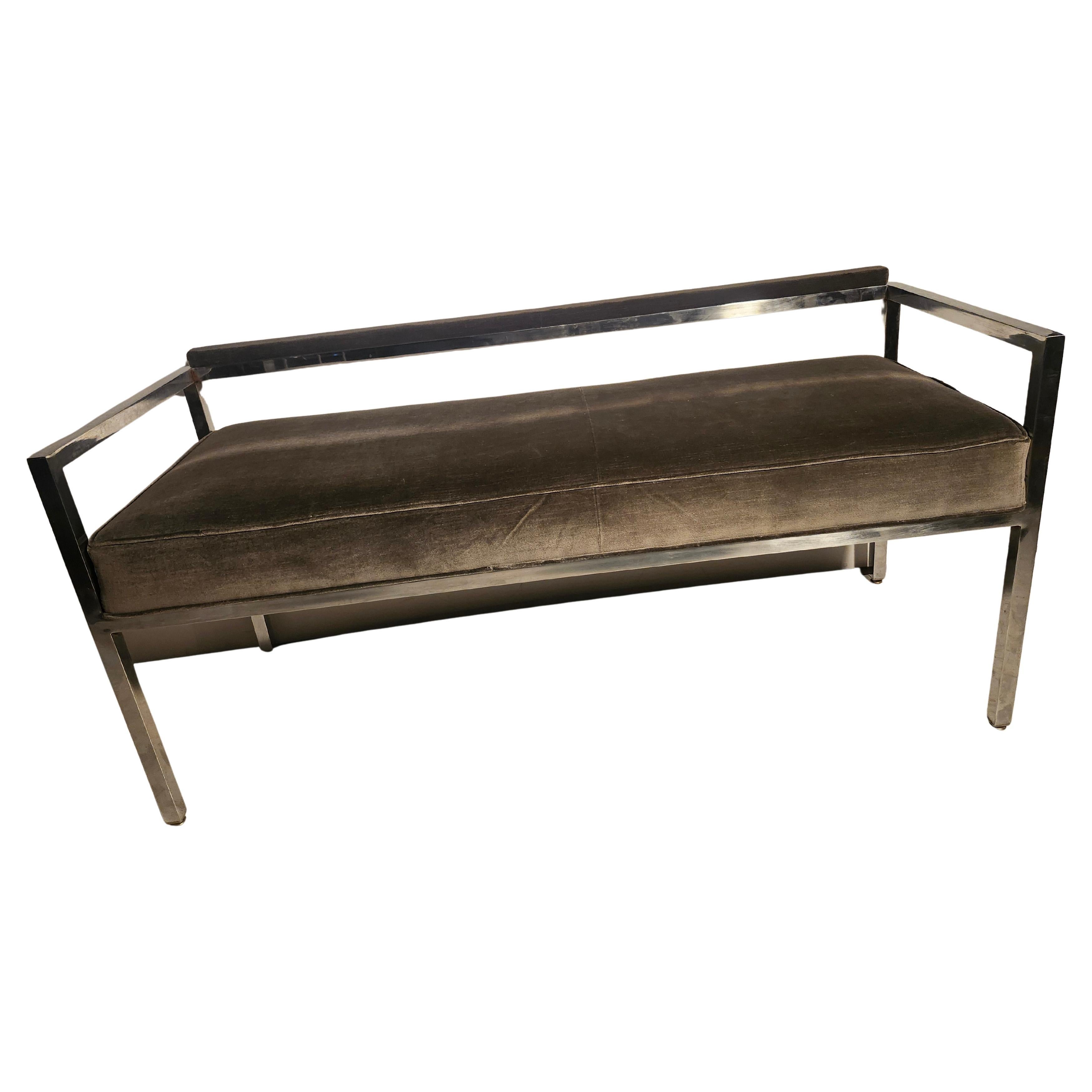 Mid Century Modern Style of Knoll Chrome Bench Restored w Grey Cotton Velvet