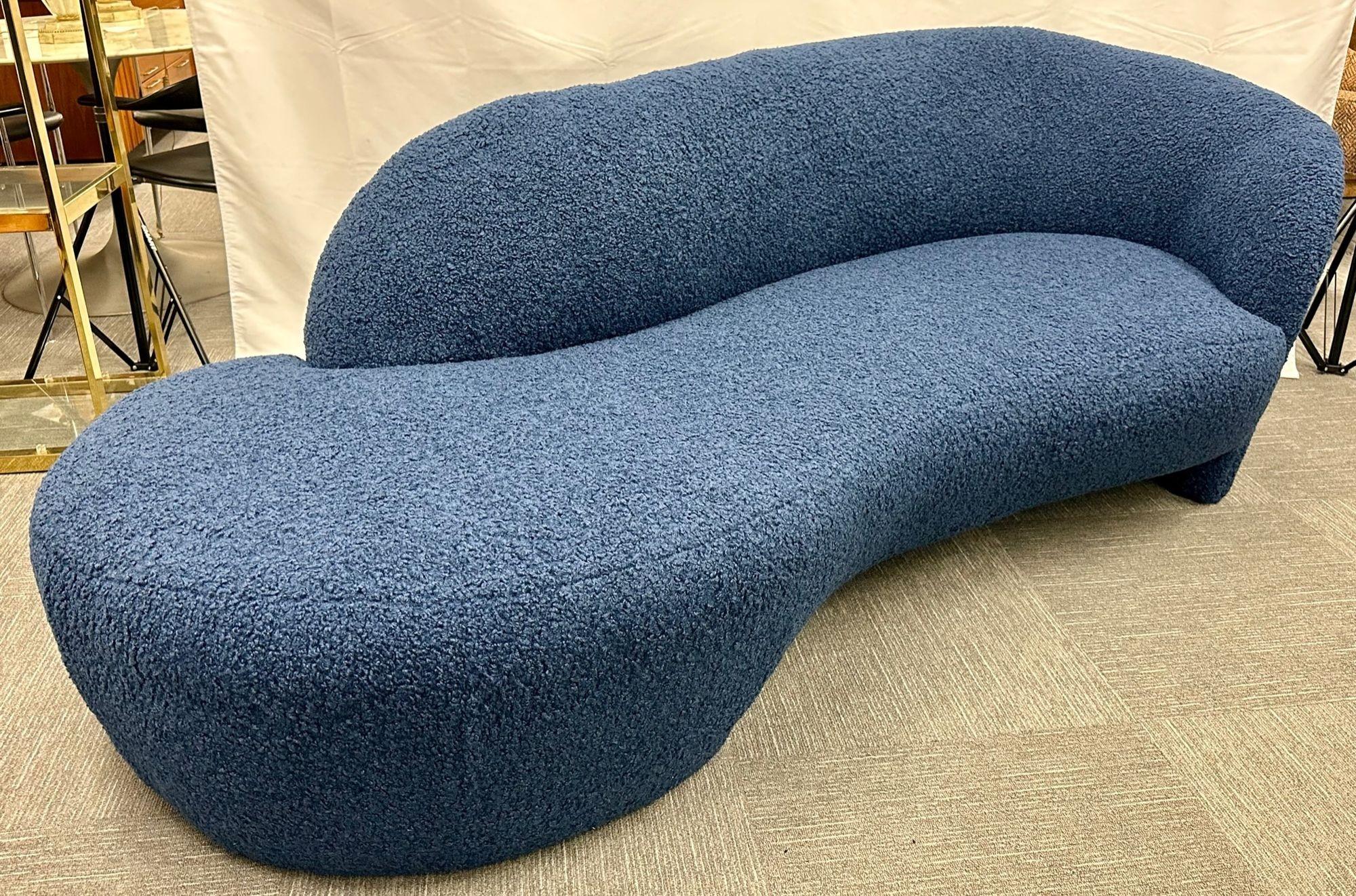 American Mid-Century Modern Style Organic Form Kidney Shaped Cloud Sofa, Blue Boucle For Sale