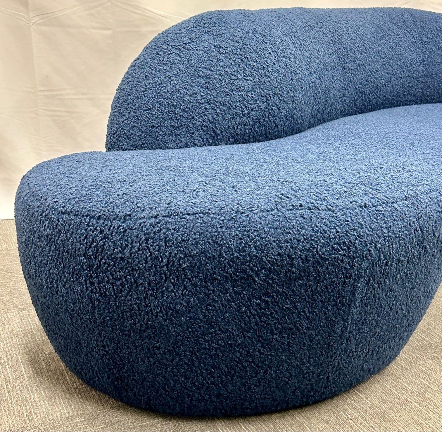 Contemporary Mid-Century Modern Style Organic Form Kidney Shaped Cloud Sofa, Blue Boucle For Sale