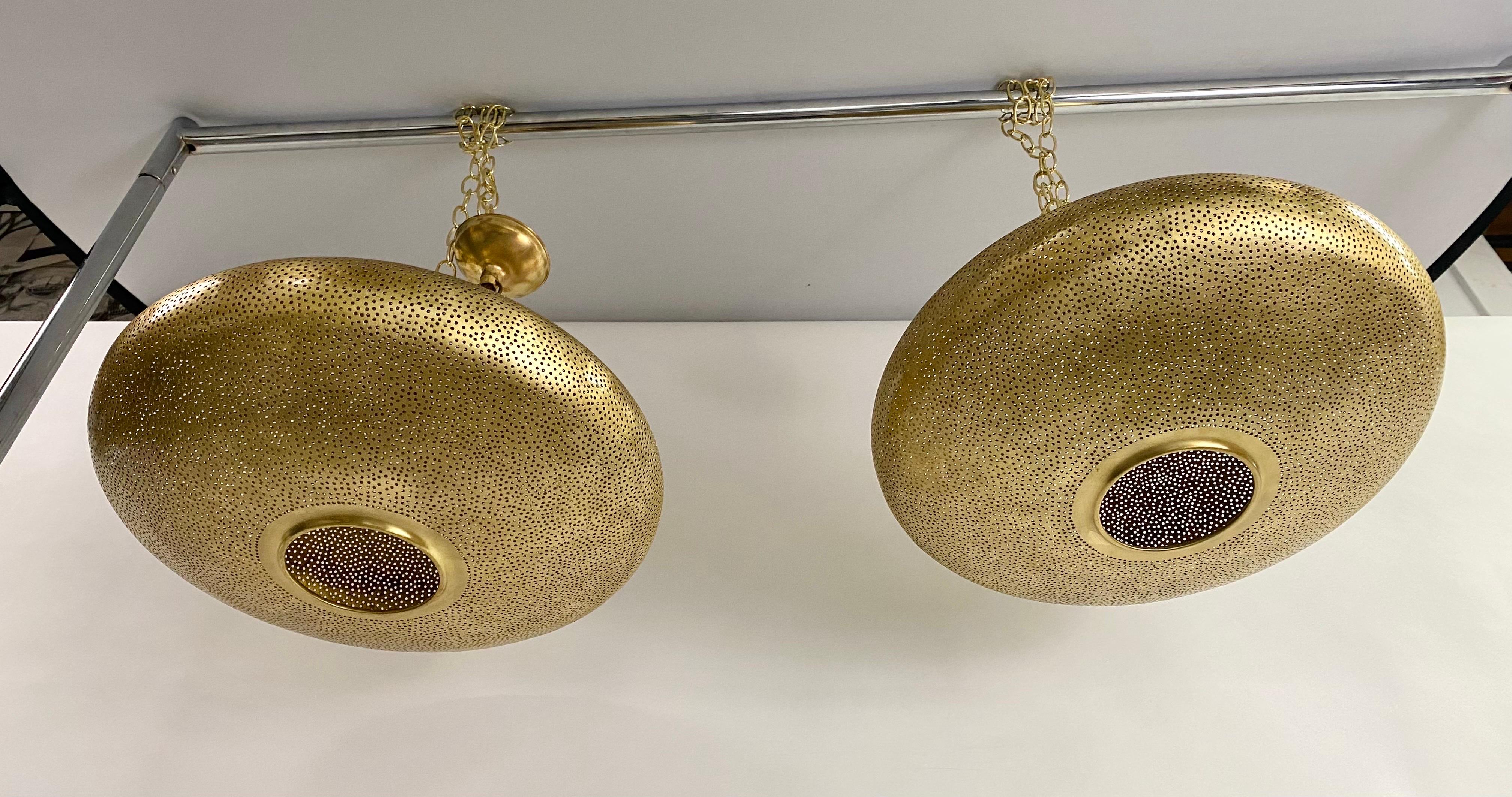 20th Century Mid- Century Modern Style Oval Spaceship Brass Pendant or Lantern, a Pair  For Sale