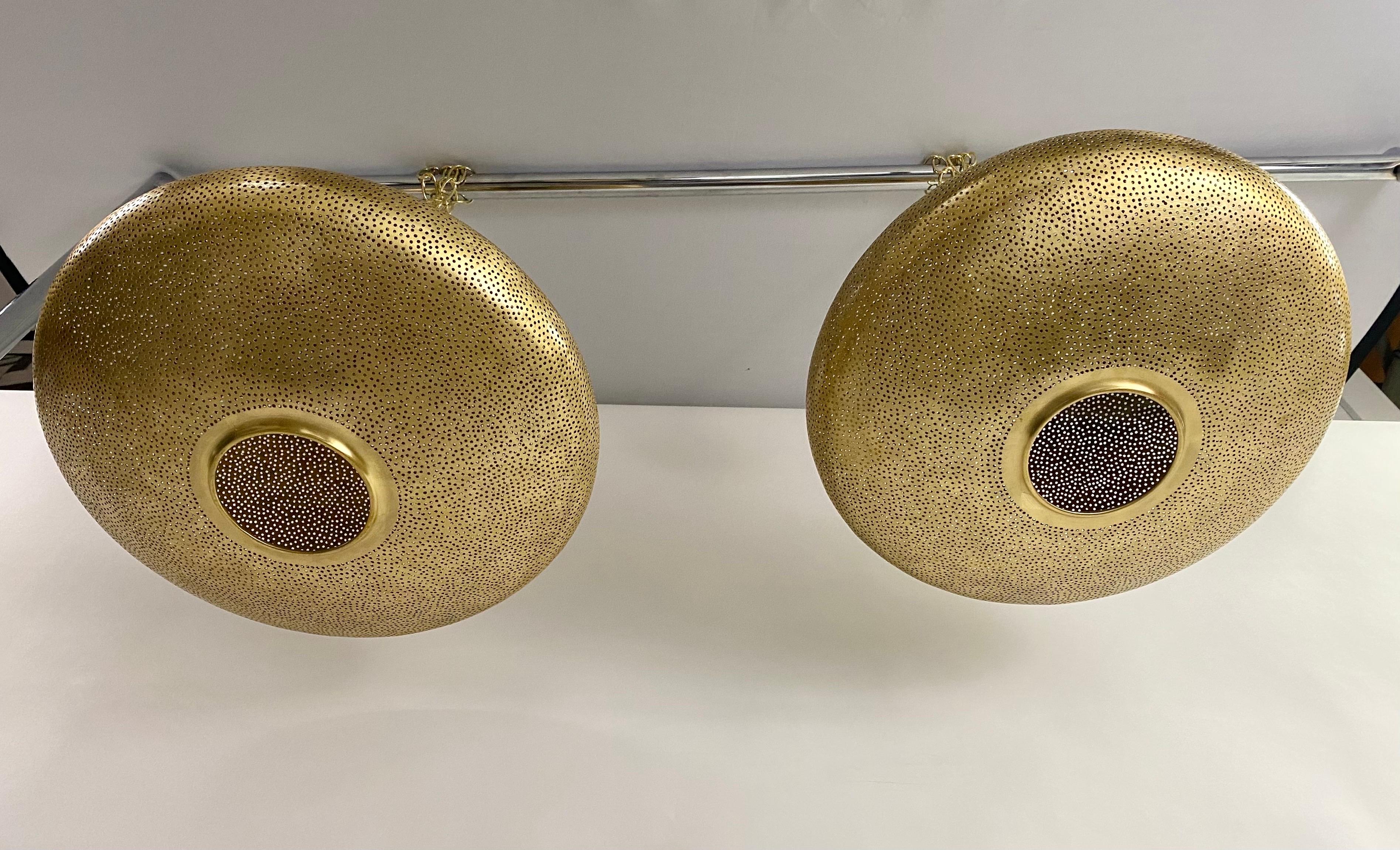 Mid- Century Modern Style Oval Spaceship Brass Pendant or Lantern, a Pair  For Sale 1