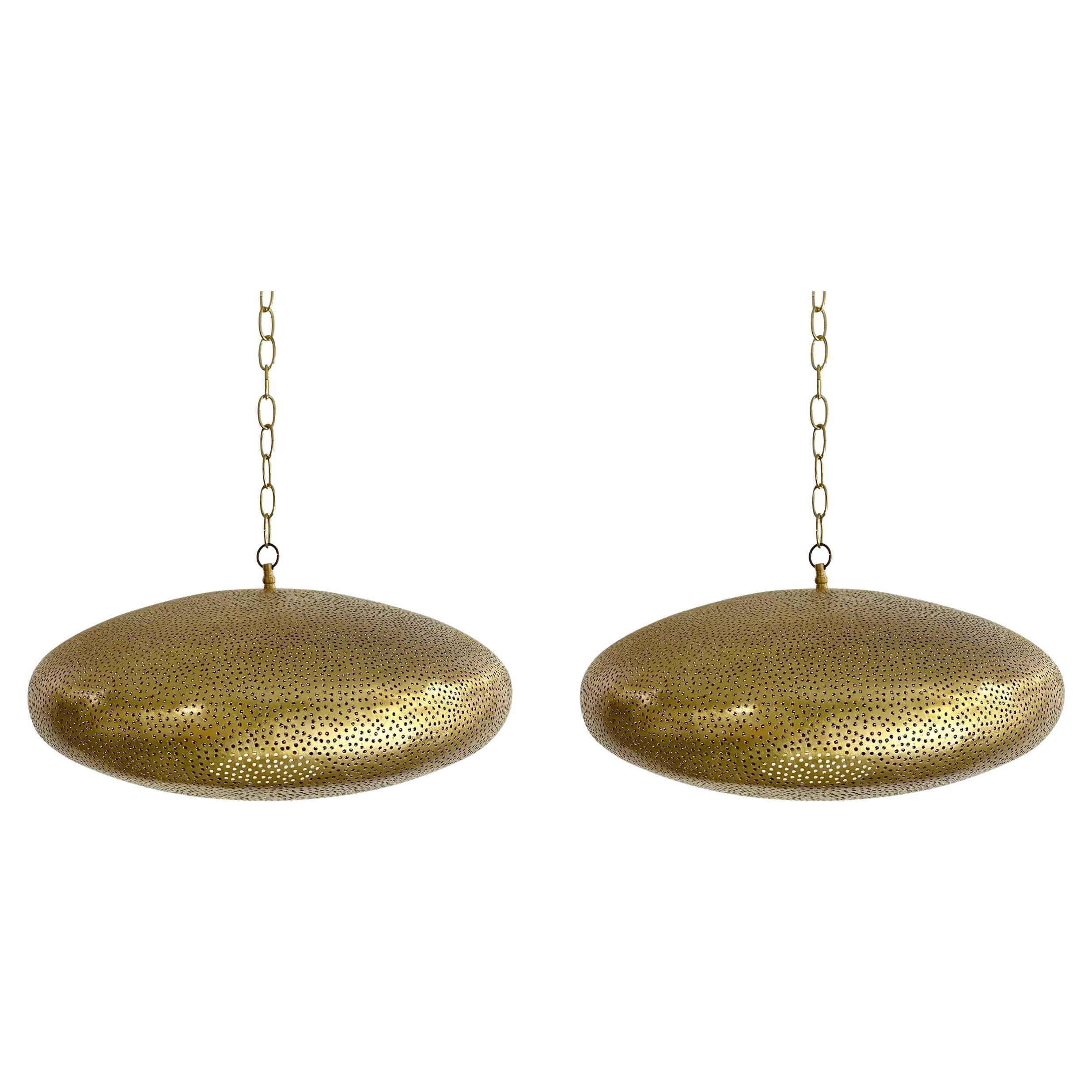 Mid- Century Modern Style Oval Spaceship Brass Pendant or Lantern, a Pair  For Sale