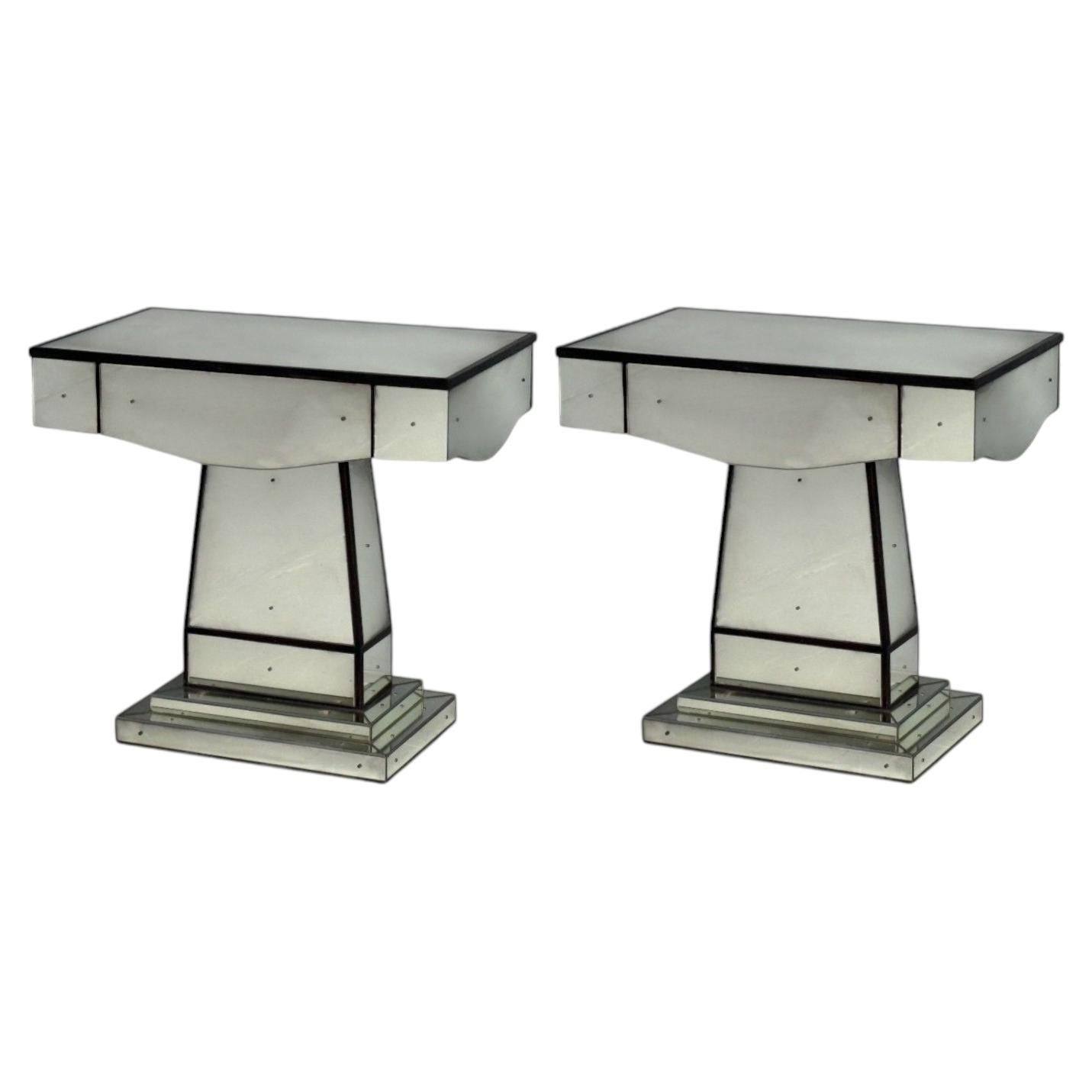 Mid-Century Modern Style, Painted Wood, Distressed Glass, Mirrored Nightstands