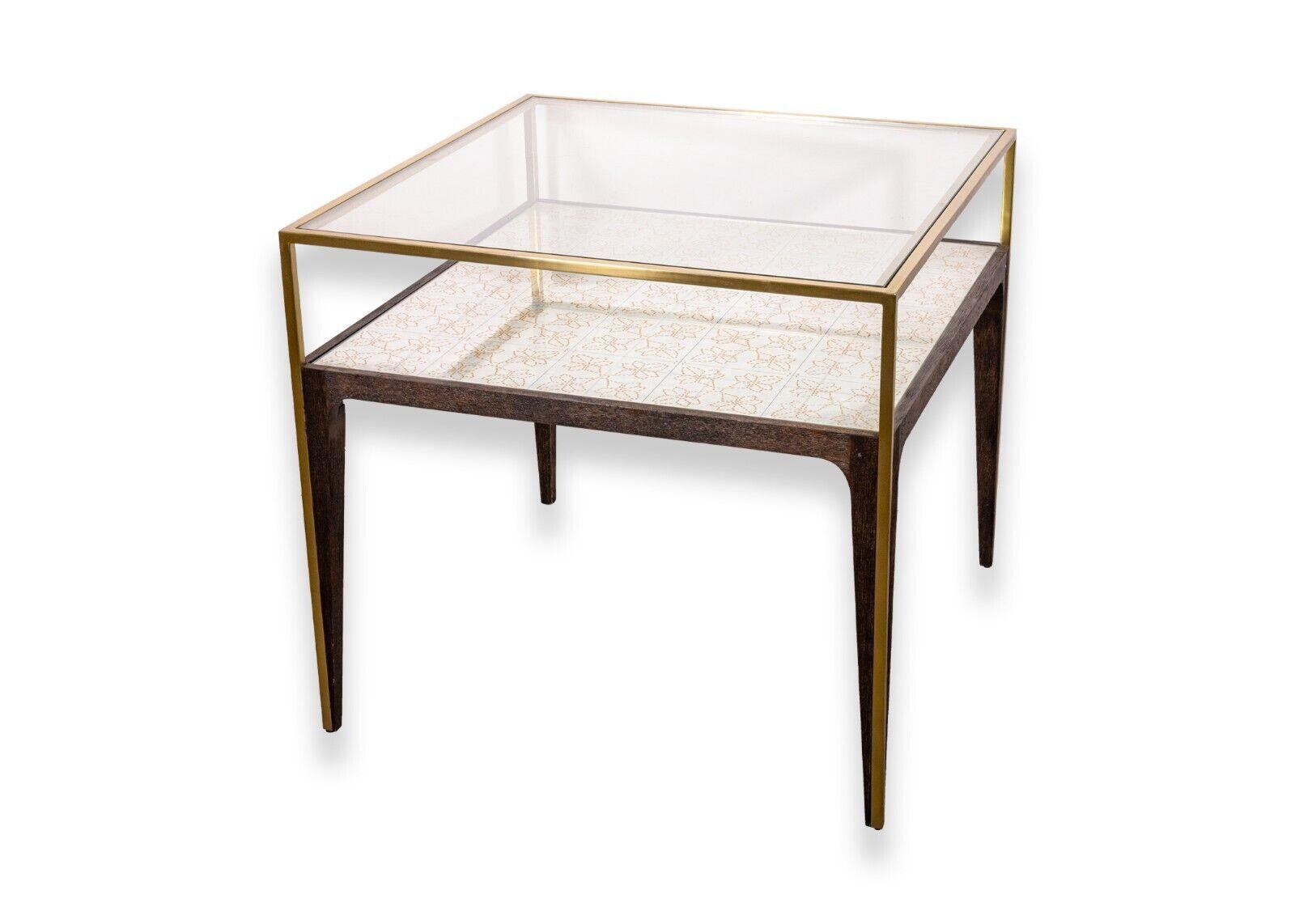 Mid Century Modern Style Pair of Arhaus Square Glass Wood Brass Side End Tables In Good Condition In Keego Harbor, MI