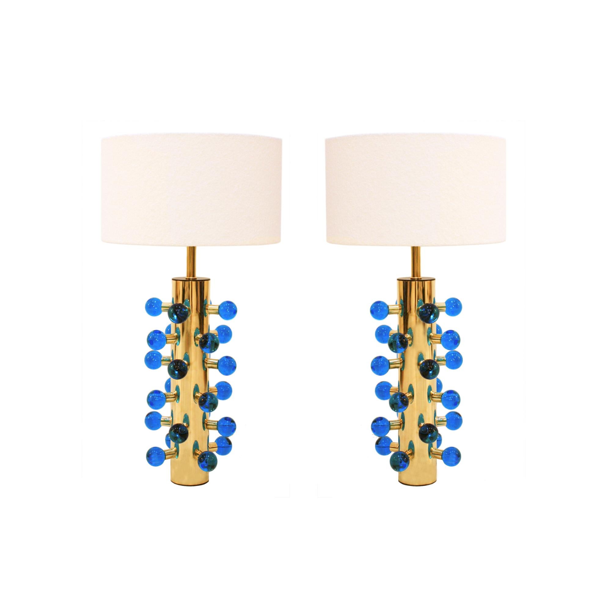 Contemporary Brass Table Lamps with Blue Murano Glass, Italian Design
