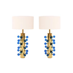 Contemporary Brass Table Lamps with Blue Murano Glass, Italian Design