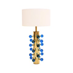 Mid-Century Modern Brass Table Lamps with Blue Murano Glass Spheres, Italy