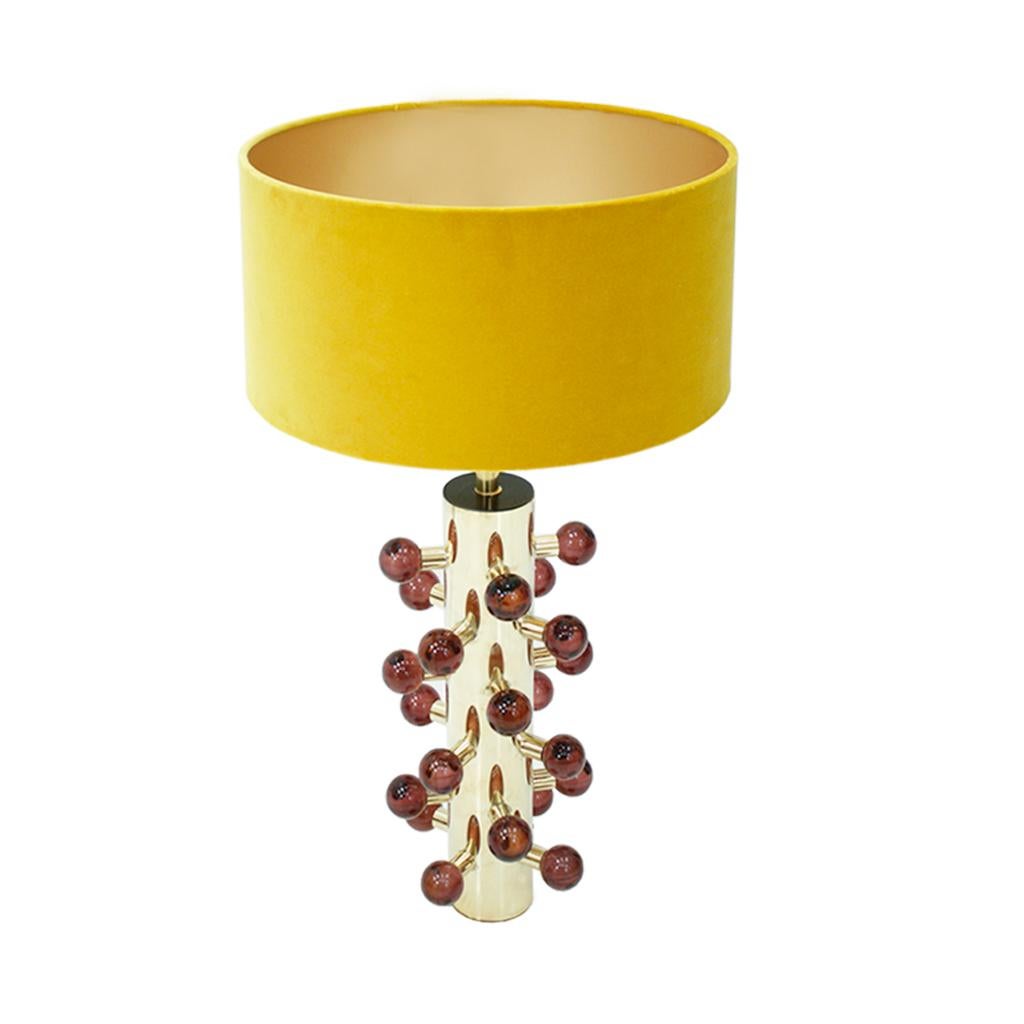 Italian Mid-Century Modern Style Pair of Brass and Burgundy Murano Glass Table Lamps For Sale