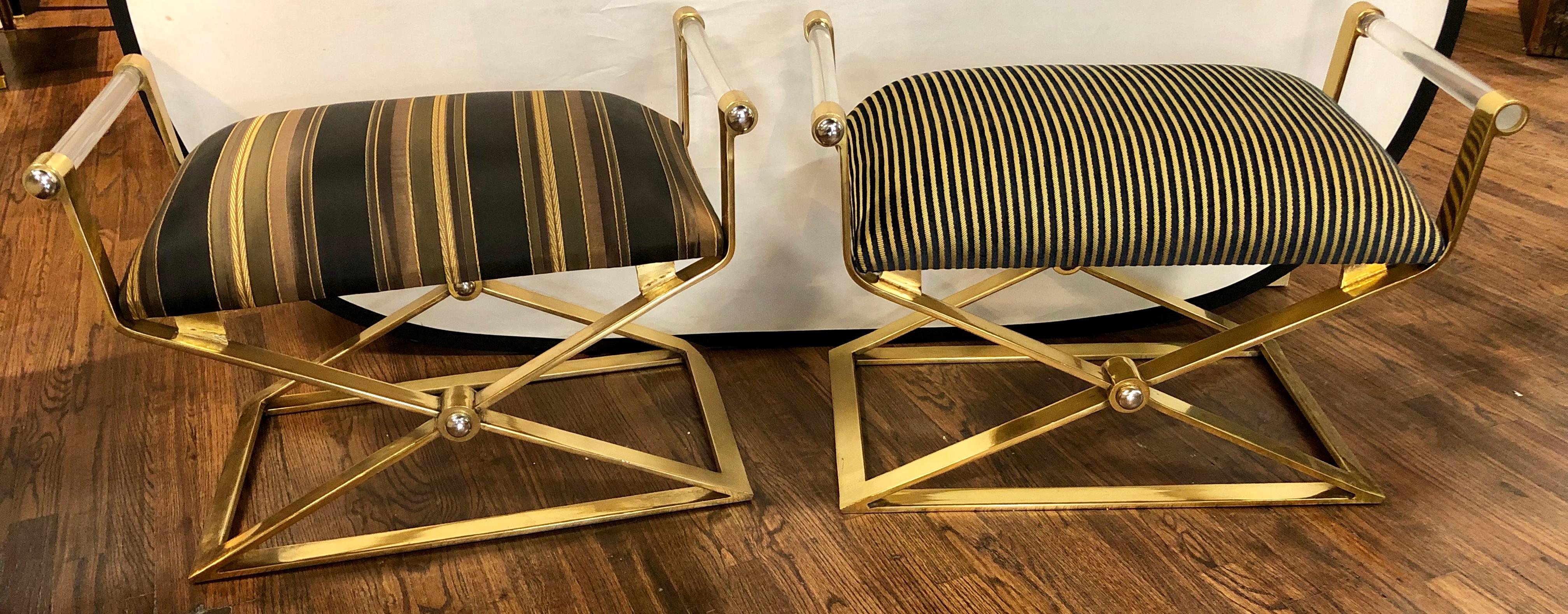 Finest Pair of Ron Seff (Possibly For Karl Springer) Gunmetal Brass & Chrome Benches / Foot Stools in the Mid Century Modern fashion. Each with new upholstery. Heavy bass and steel with lucite arm rests. 