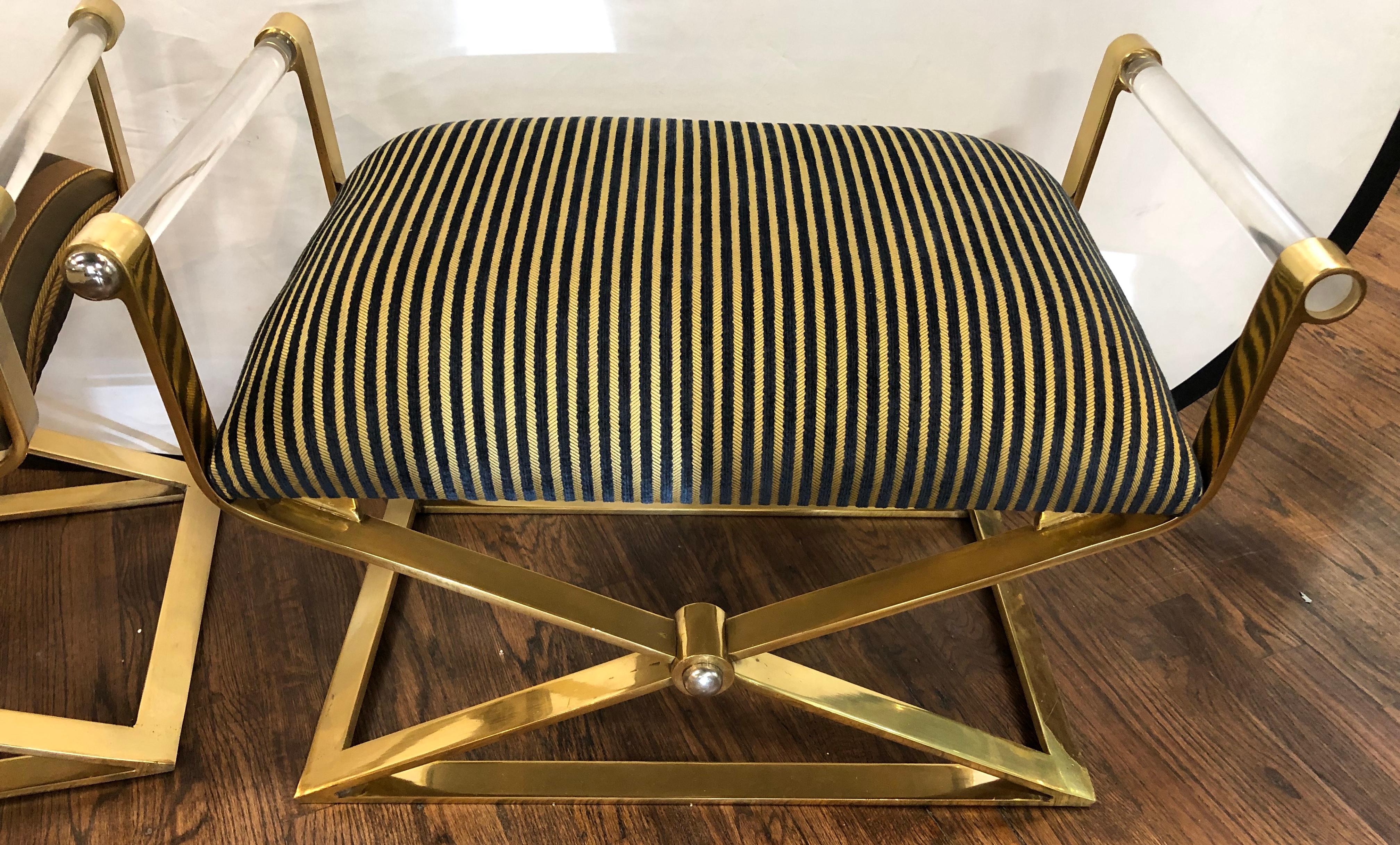 Hollywood Regency Mid Century Modern Style Pair of Ron Seff Gunmetal Brass & Chrome Benches/Stools
