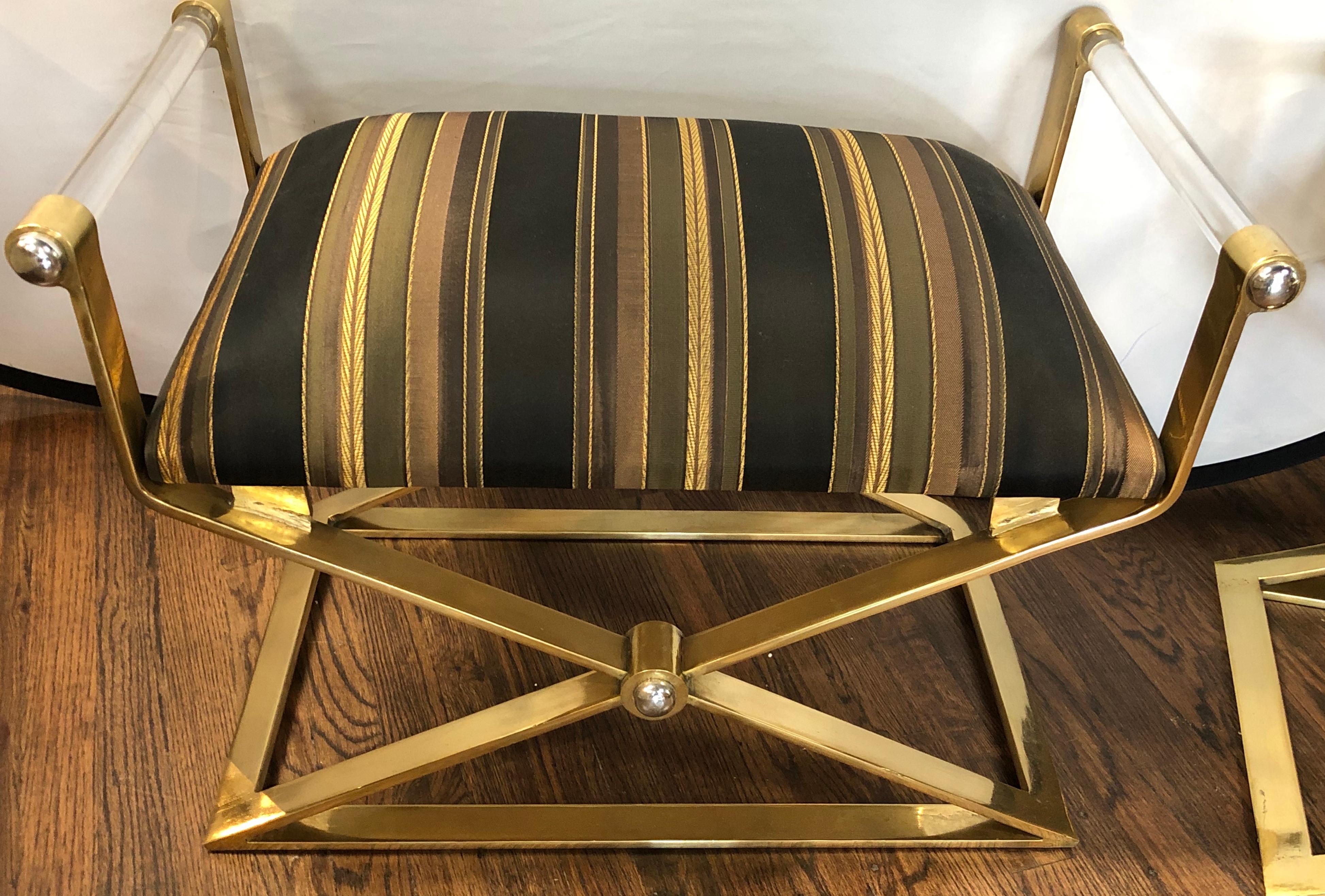 Mid Century Modern Style Pair of Ron Seff Gunmetal Brass & Chrome Benches/Stools In Good Condition In Stamford, CT