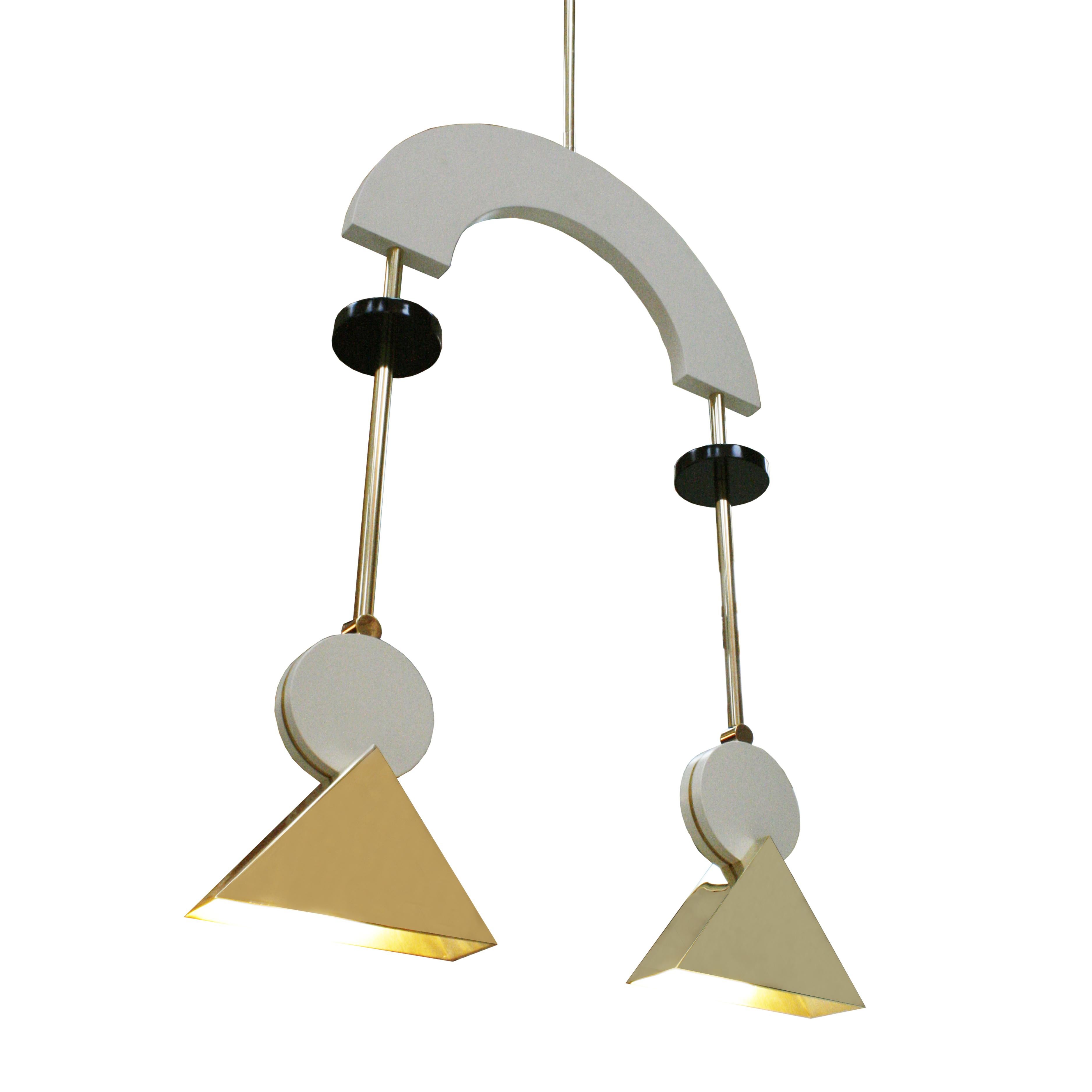 British Mid-Century Modern Style Pair of White Lacquered Wood and Bronze Pendant Lamps For Sale