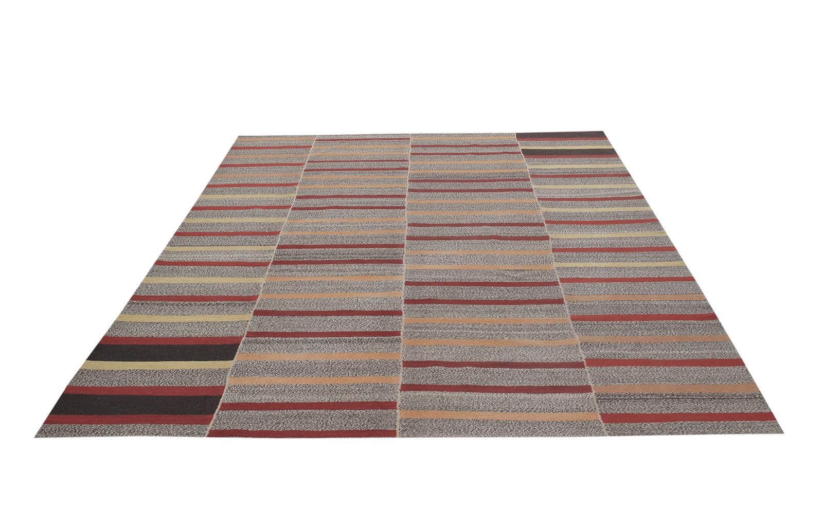 Hand-Woven Mid-Century Modern Style Persian Flat-Weave Stripe Rug For Sale