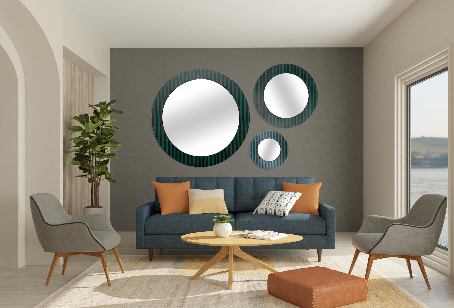 A chic and fashionable set of three Mid-Century Modern mirrors in three different sizes. The mirrors are handmade using resin and pure leather in the back of each mirror. The three mirrors will be the center piece of the wall in your space. Their