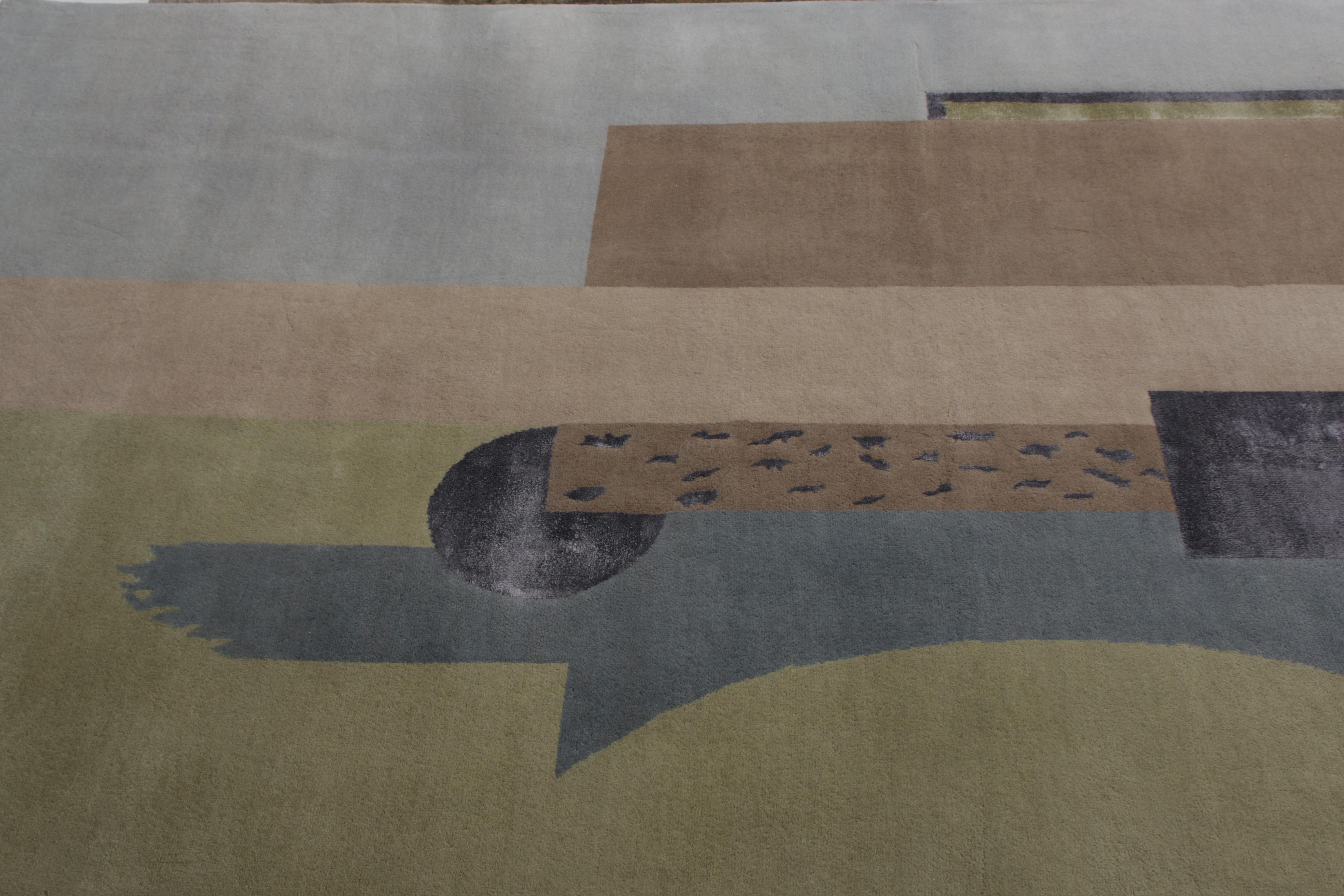 Hand-Knotted Rug & Kilim's Mid-Century Modern Style Rug in Green Gray and Beige Pattern