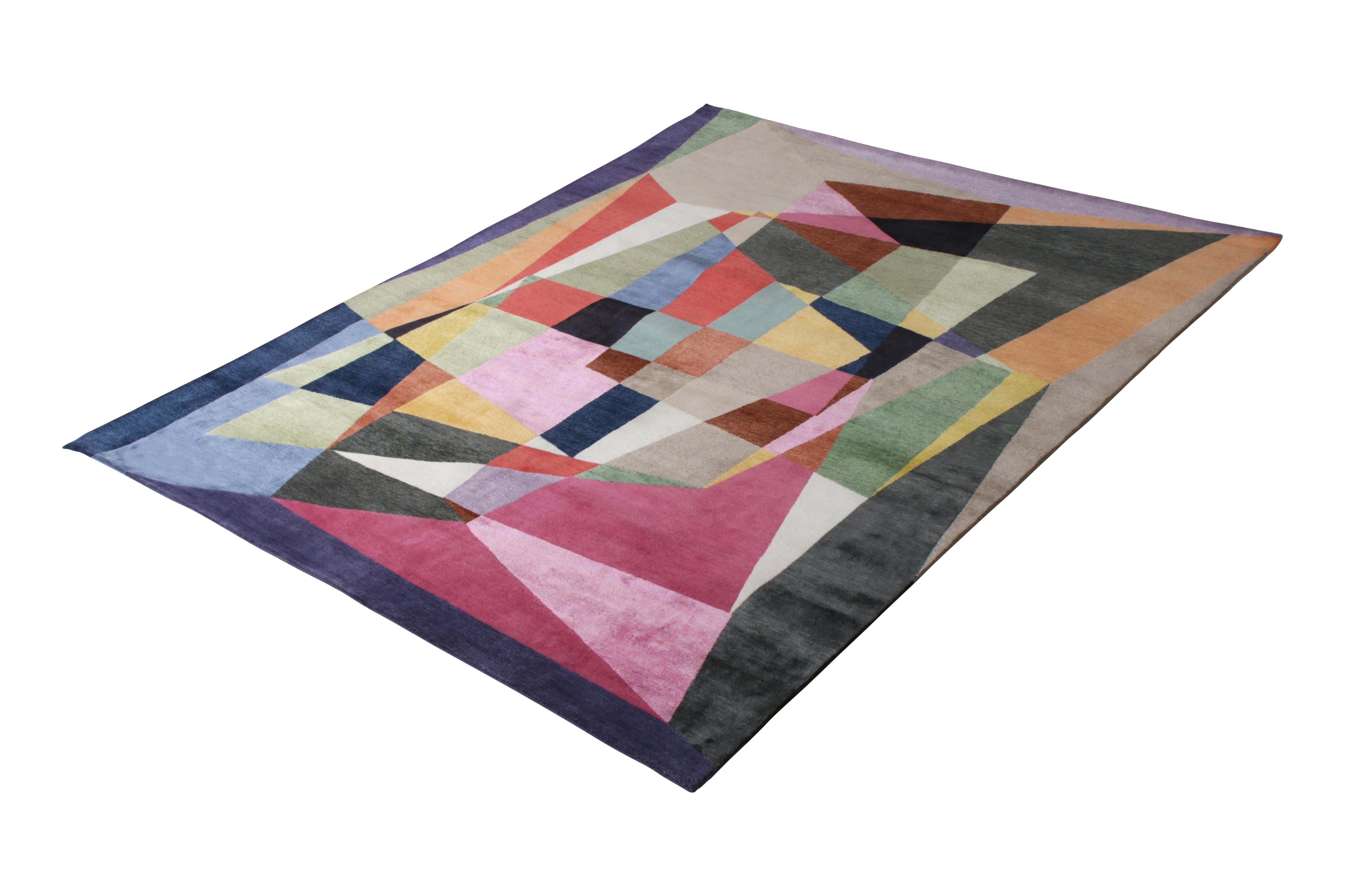 Hand knotted in a unique blend of New Zealand wool, all-natural silk, and exotic yarns, this 8 x 10 rug hails from the latest prized additions to their acclaimed Mid-Century Modern rug collection by Rug & Kilim, a bold custom-capable line