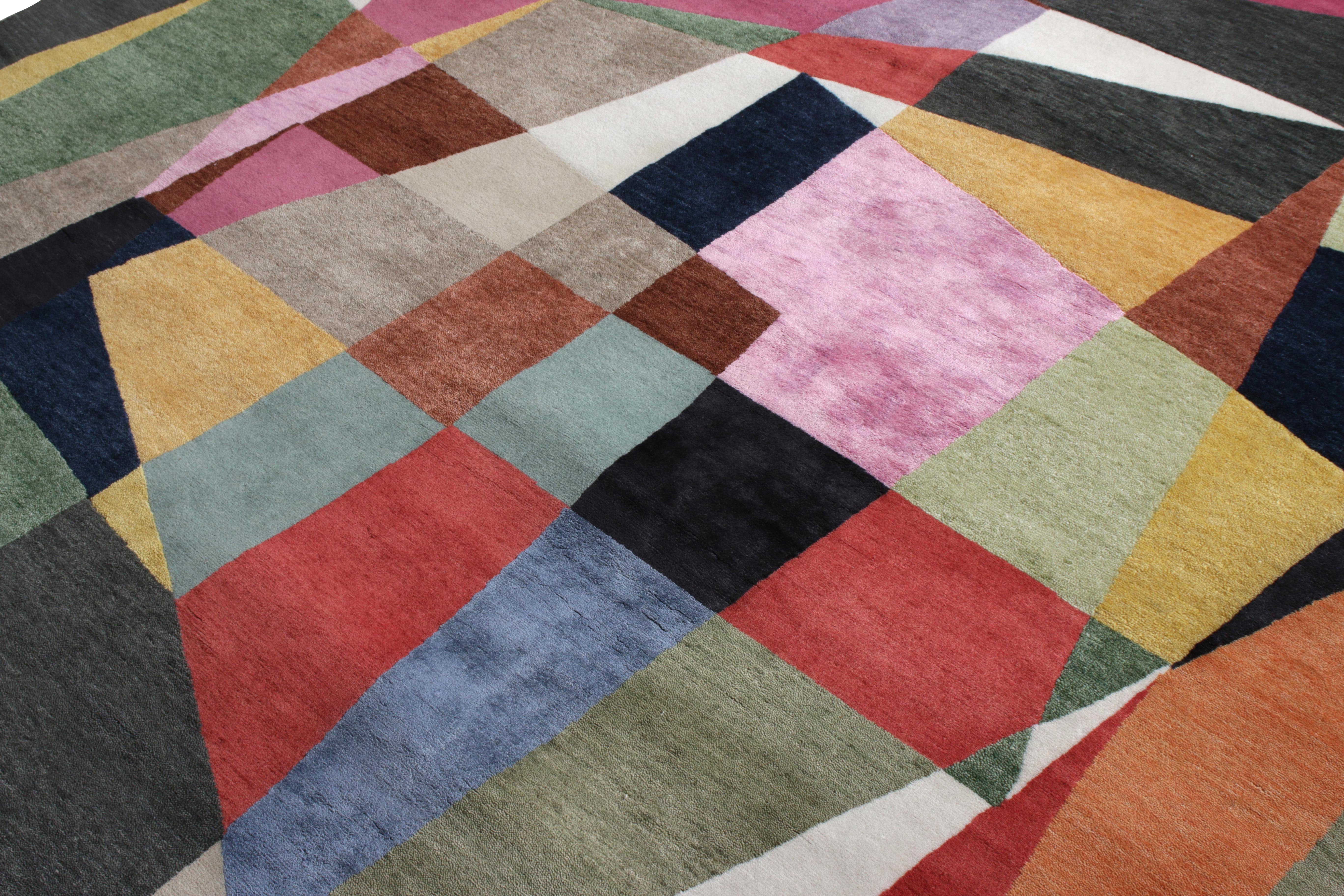 Hand-Knotted Rug & Kilim's Mid-Century Modern Style Rug in Multi-Color Geometric Pattern