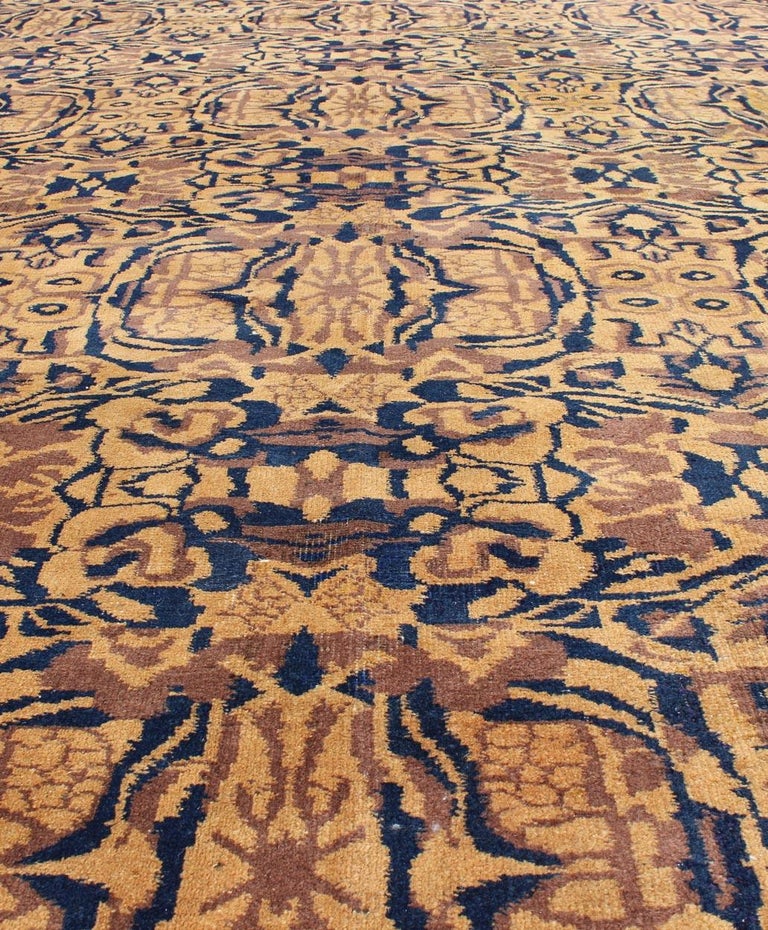 MidCentury Modern Style Rug in Navy, Camel, Brown and Cream Colors For