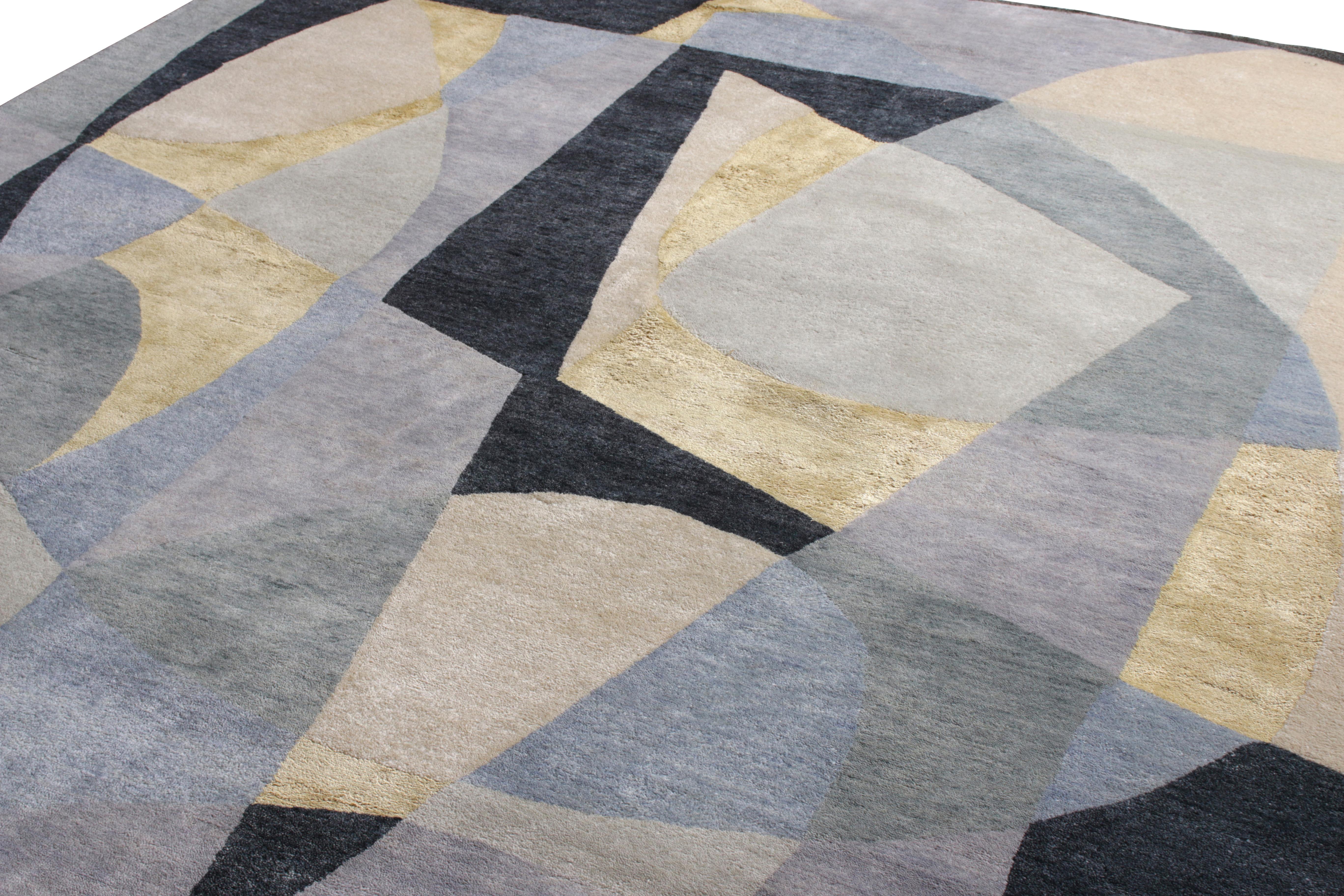 Hand-Knotted Rug & Kilim's Mid-Century Modern Style Rug in Silver Gray Geometric Pattern