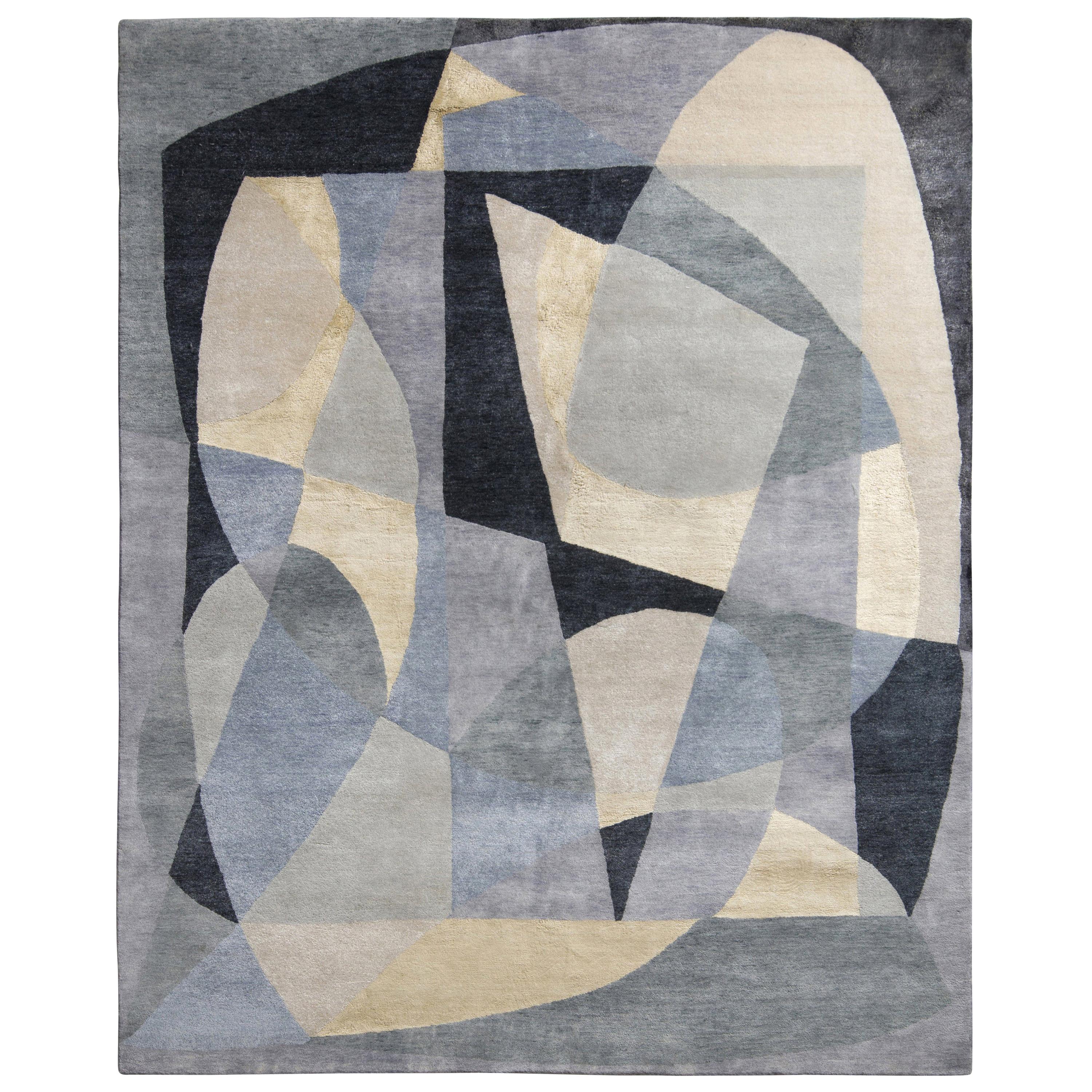 Rug & Kilim's Mid-Century Modern Style Rug in Silver Gray Geometric Pattern