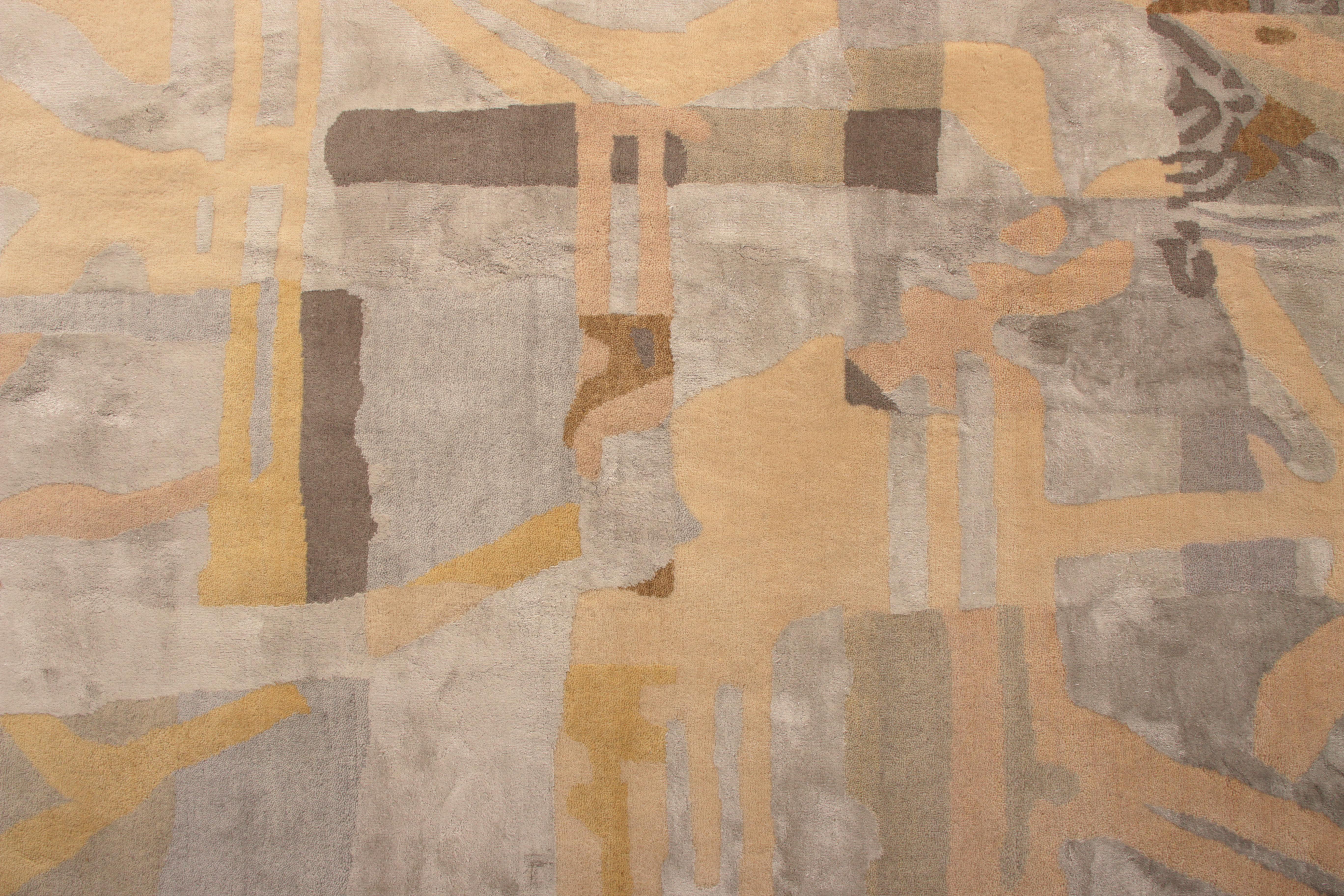 Rug & Kilim's Mid-Century Modern Style Rug Silver-Gray and Gold Pattern In New Condition In Long Island City, NY