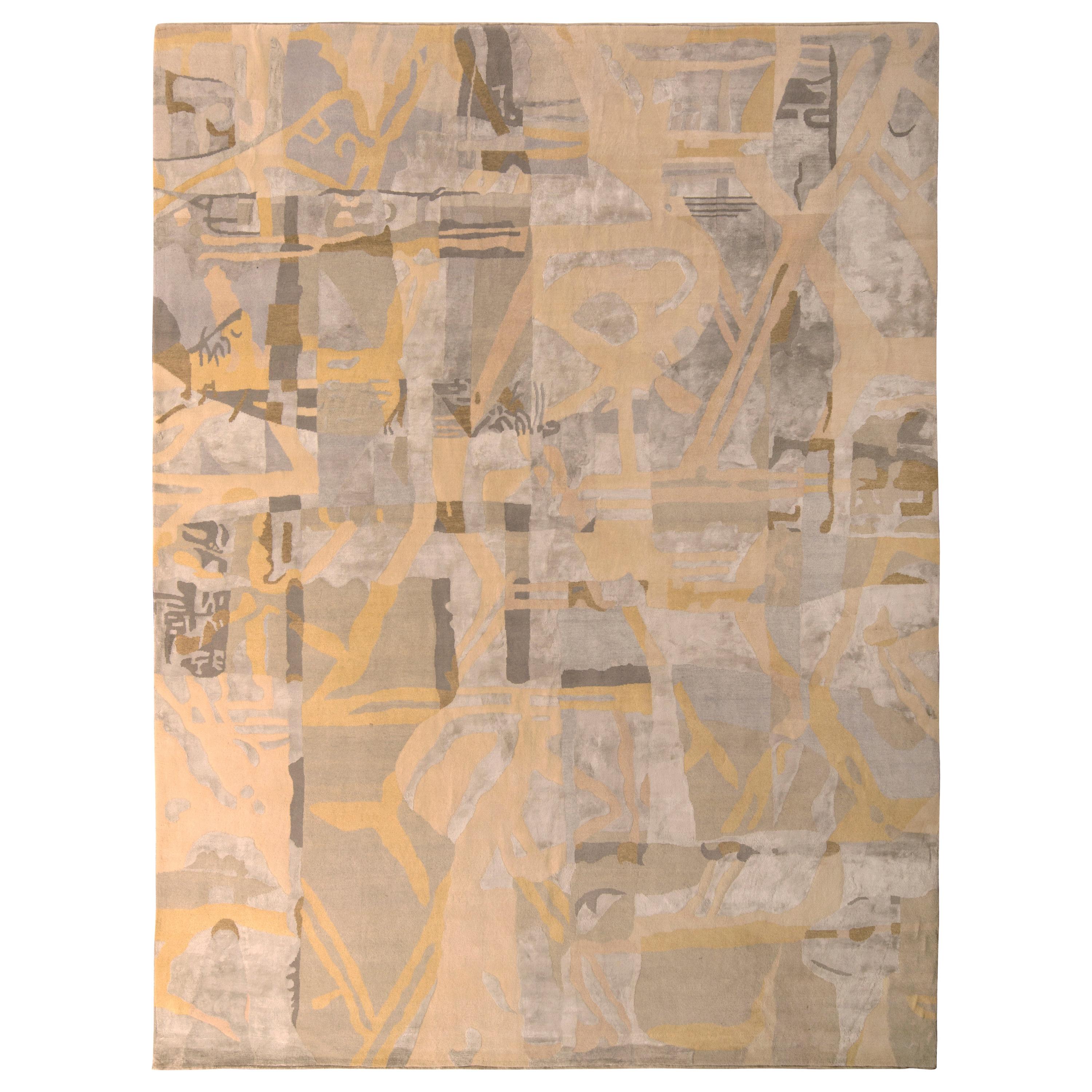 Rug & Kilim's Mid-Century Modern Style Rug Silver-Gray and Gold Pattern