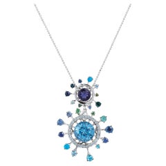Mid-Century Modern Style Sapphire, Topaz, Diamond, Iolite, Pariba 18k Pendant