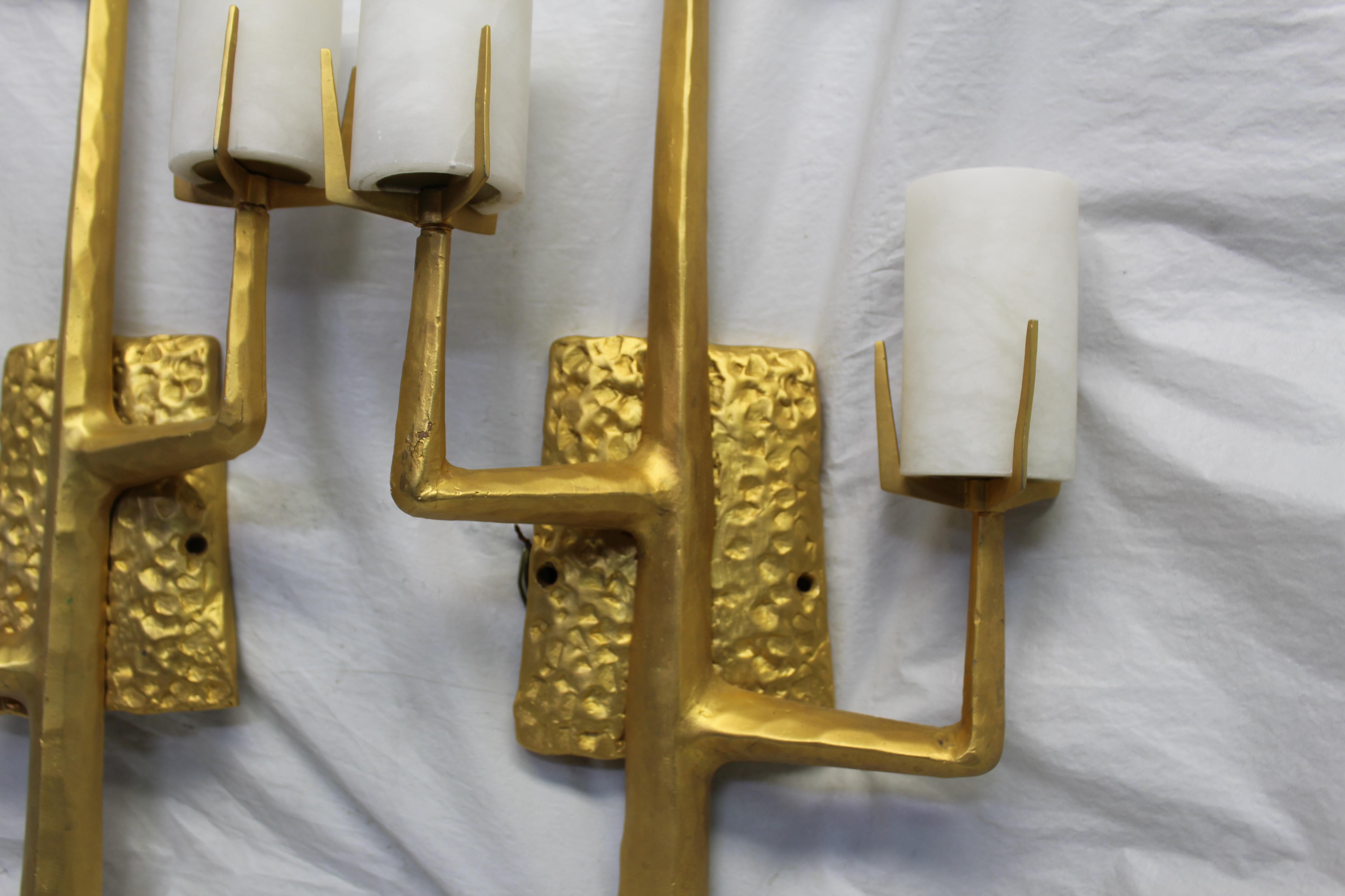 Pair of organic tree sconces, cast in bronze with alabaster shades. Finished in 18-karat gold plate. After the style of Agostini. Midcentury design. Lost wax bronze castings. Alabaster from Spain.