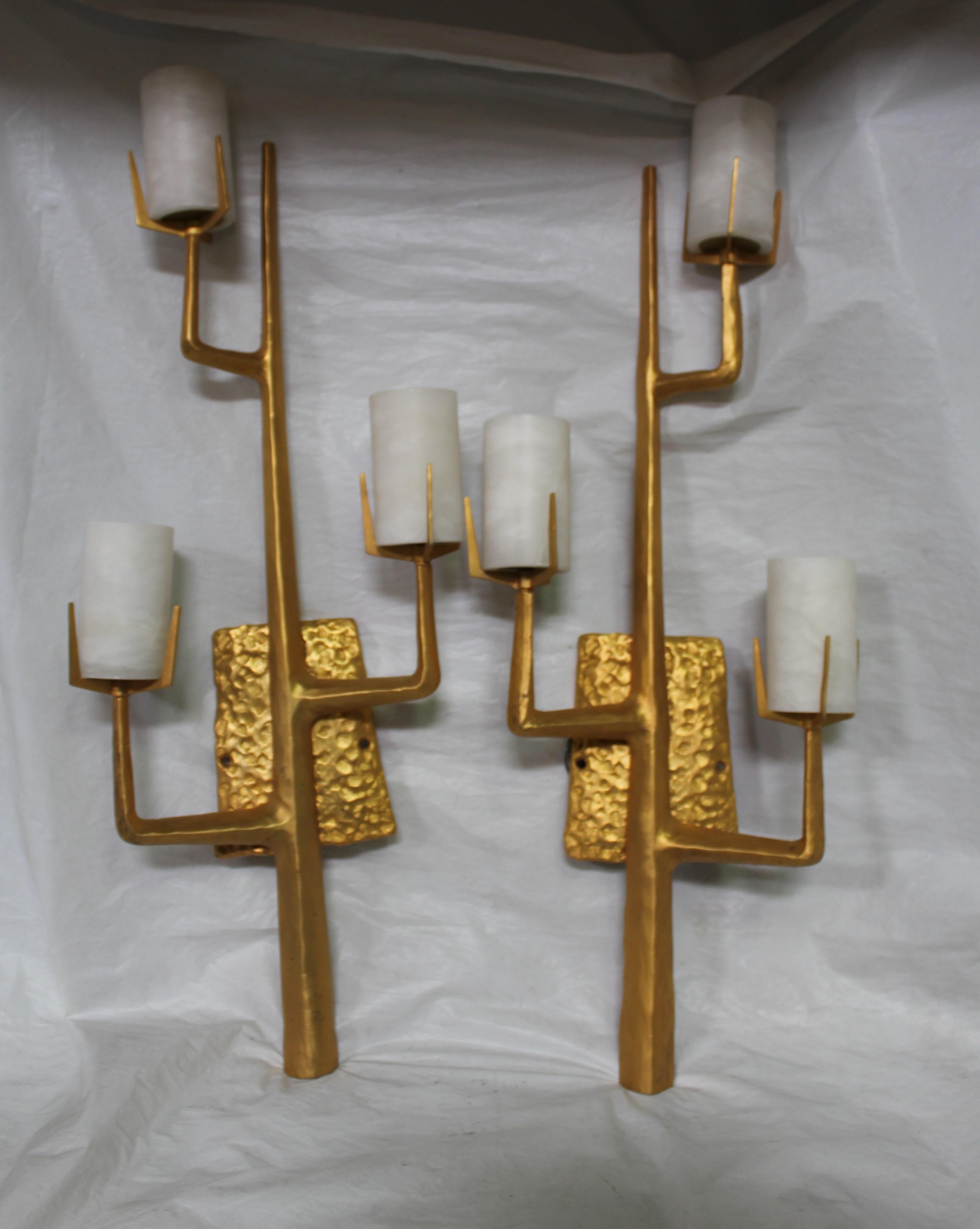 Mid-Century Modern Style Sconces 24-Karat Gold Plate after Agostini, French In Good Condition In Los Angeles, CA