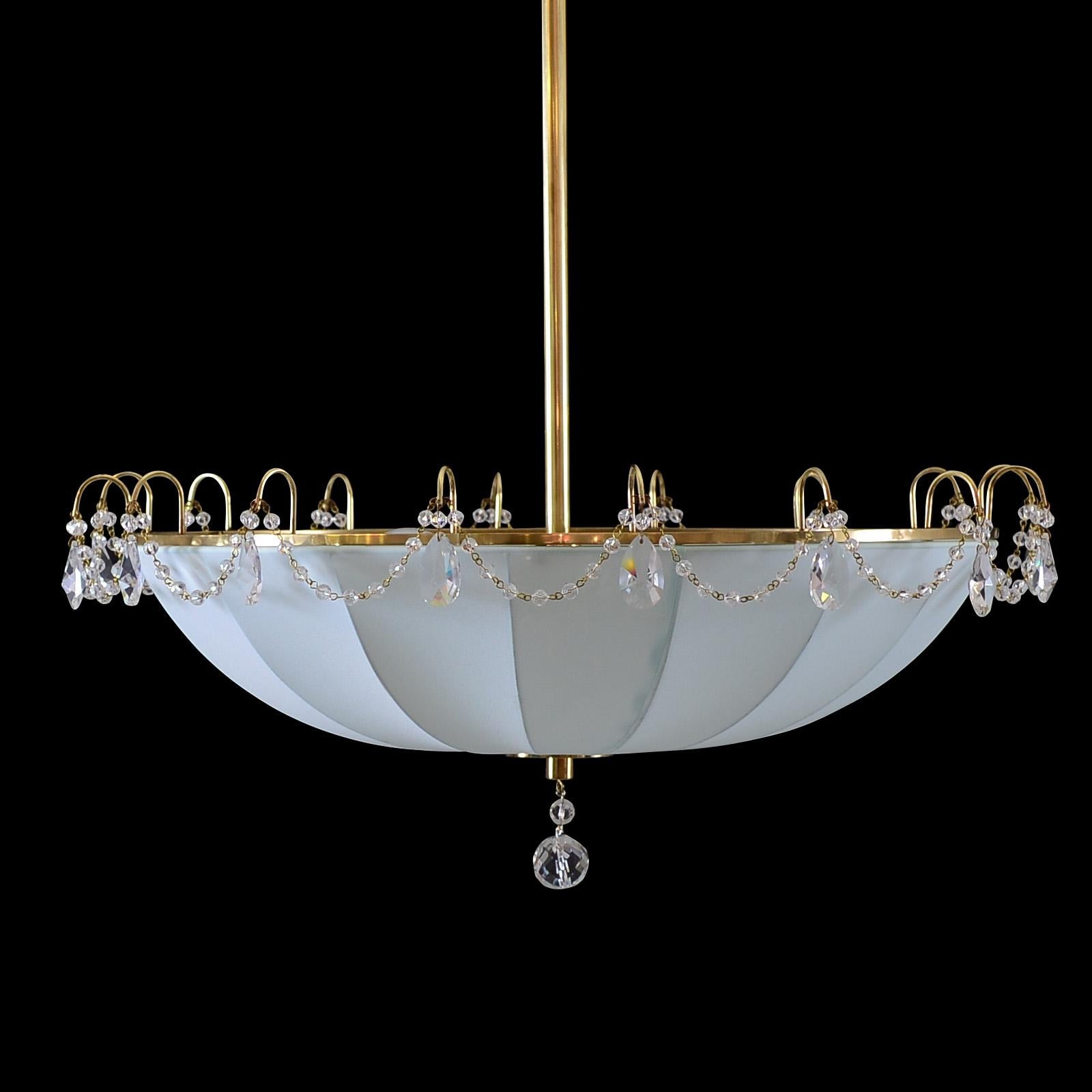 Austrian Mid-Century Modern Style Silk and Crystal Glass Umbrella Chandelier, Re-Edition For Sale