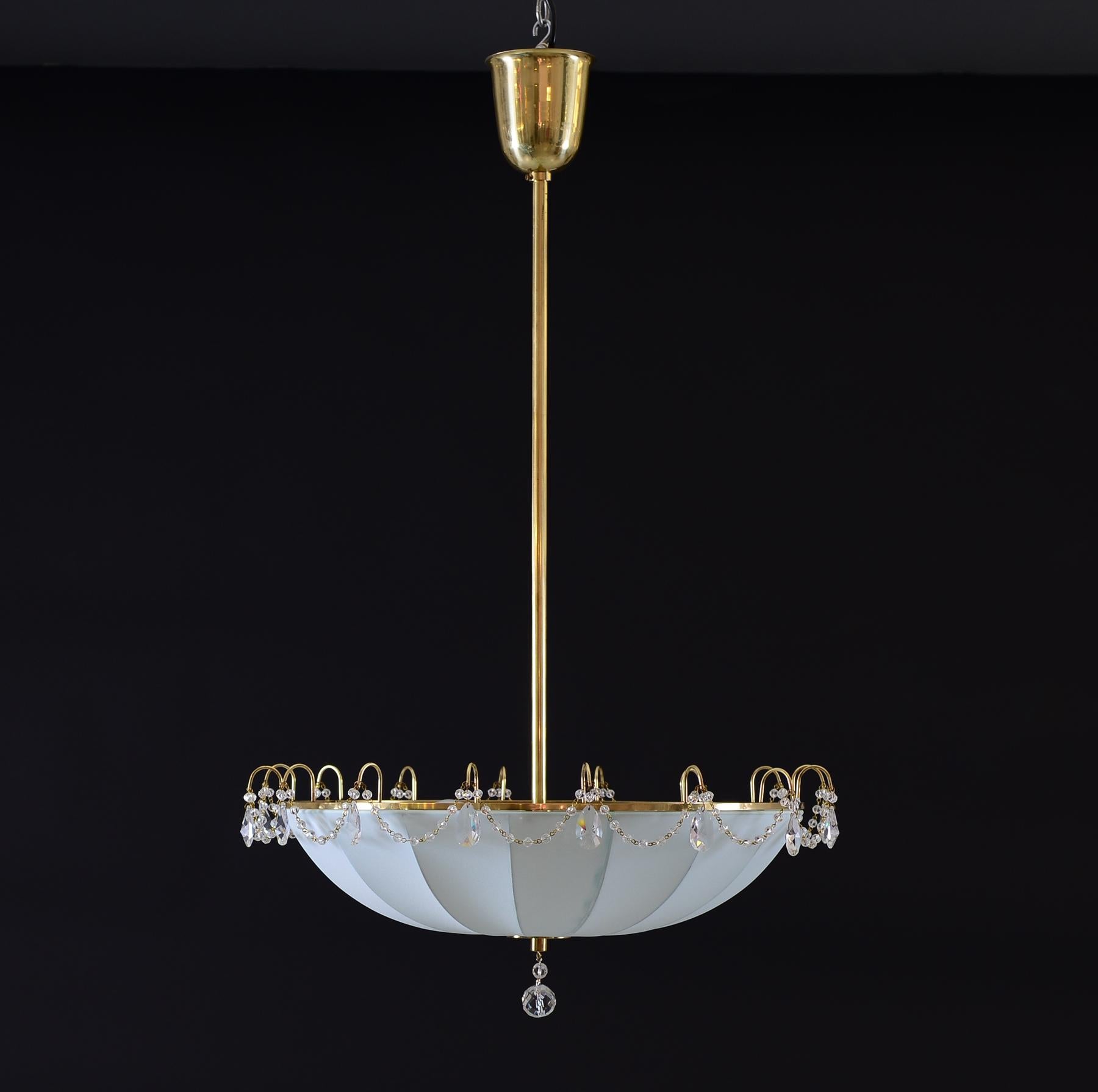 Hand-Crafted Mid-Century Modern Style Silk and Crystal Glass Umbrella Chandelier, Re-Edition For Sale