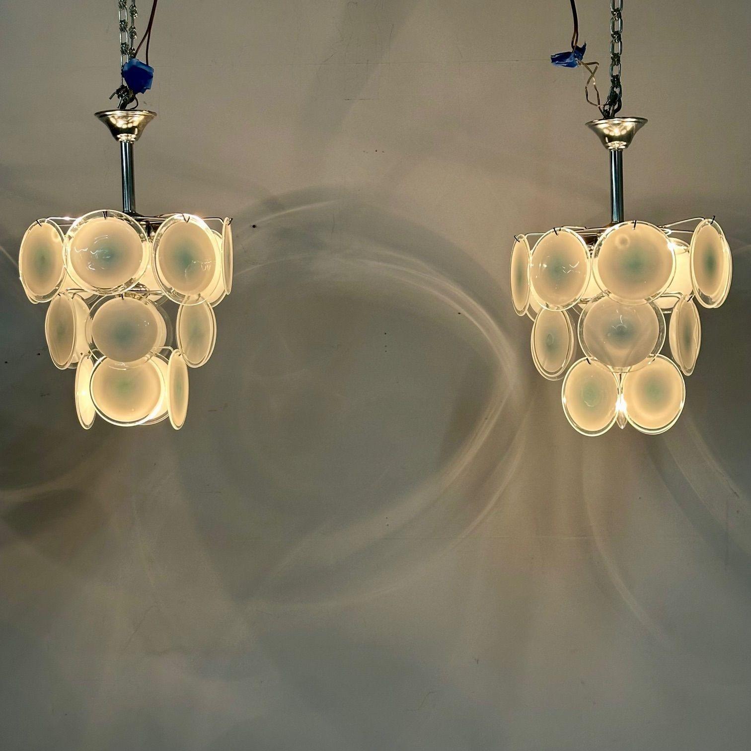 Mid-Century Modern Style Small White Murano Glass Disk Chandeliers / Pendants In Good Condition For Sale In Stamford, CT