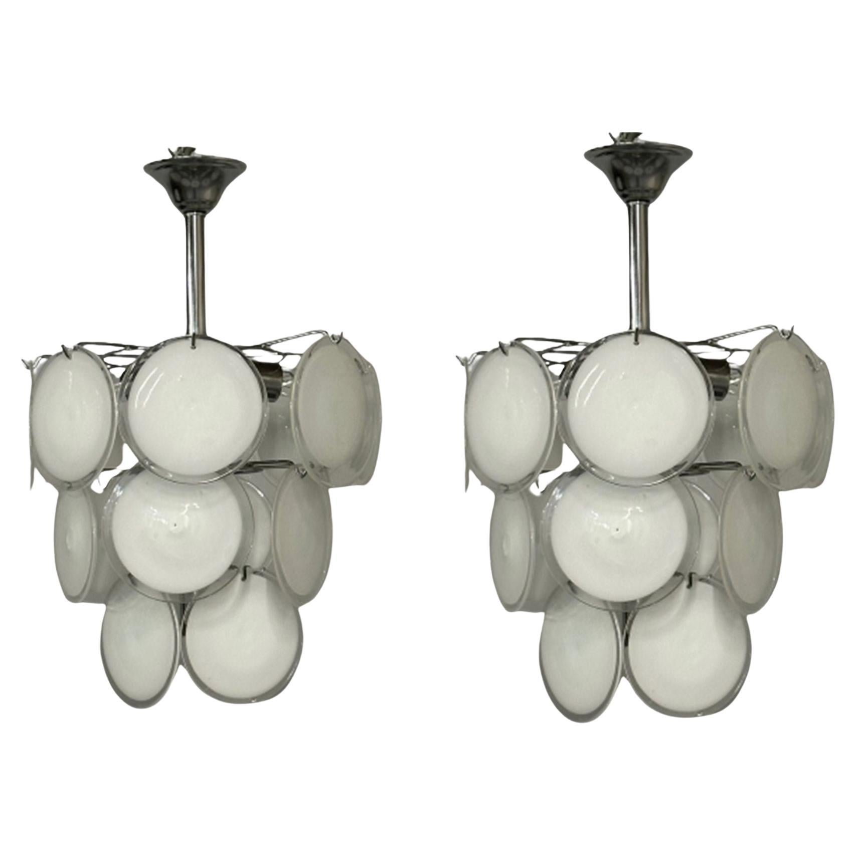 Mid-Century Modern Style Small White Murano Glass Disk Chandeliers / Pendants For Sale