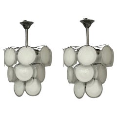 Vintage Mid-Century Modern Style Small White Murano Glass Disk Chandeliers / Pendants