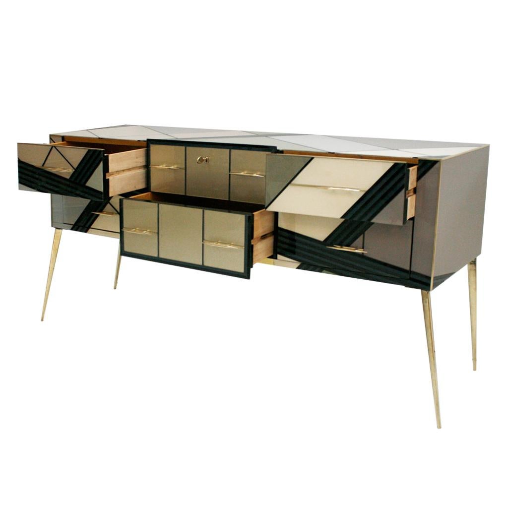 Contemporary Mid-Century Modern Style Solid Wood and Colored Glass Italian Sideboar For Sale