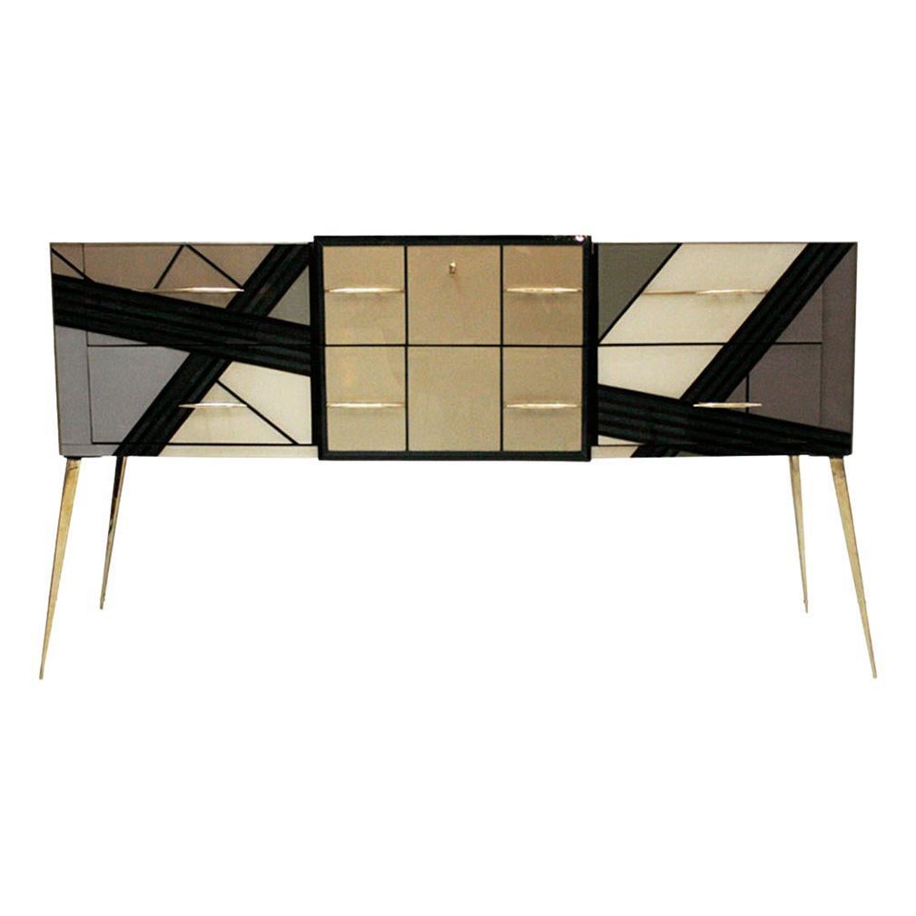 Mid-Century Modern Style Solid Wood and Colored Glass Italian Sideboar