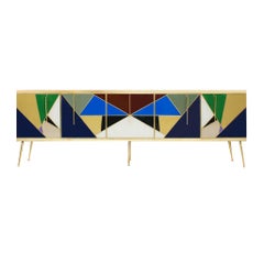 Credenza italiana in legno massiccio e vetro colorato in stile metà secolo moderno