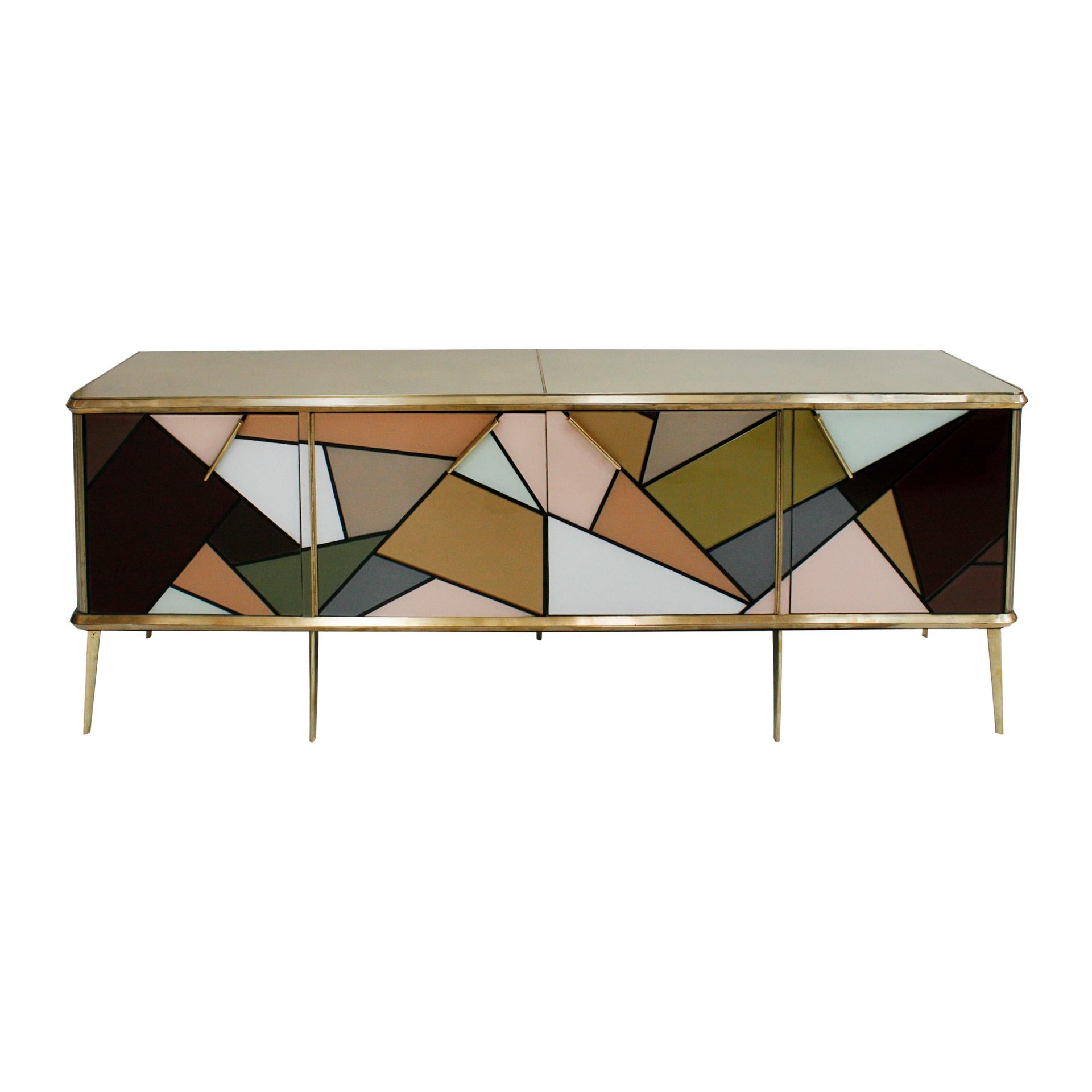 Mid-Century moderno Credenza italiana in legno massiccio e vetro colorato in stile metà secolo moderno in vendita