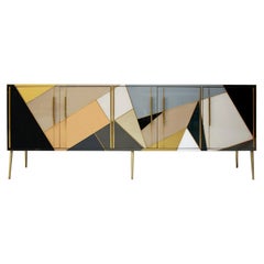 Enfilade italien de style moderne du milieu du siècle en bois massif et verre coloré