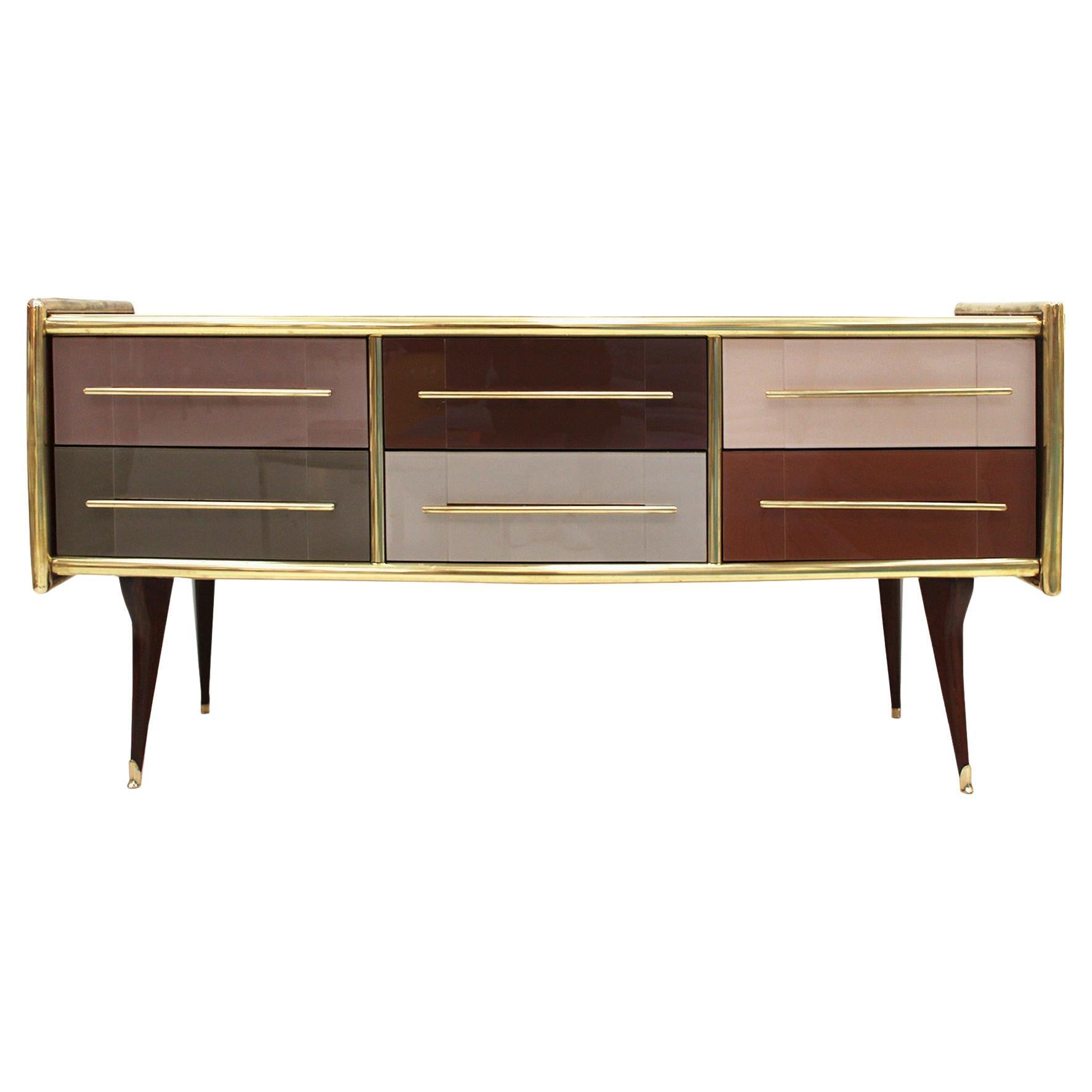 Mid-Century Modern Style Solid Wood and Colored Glass Italian Sideboard